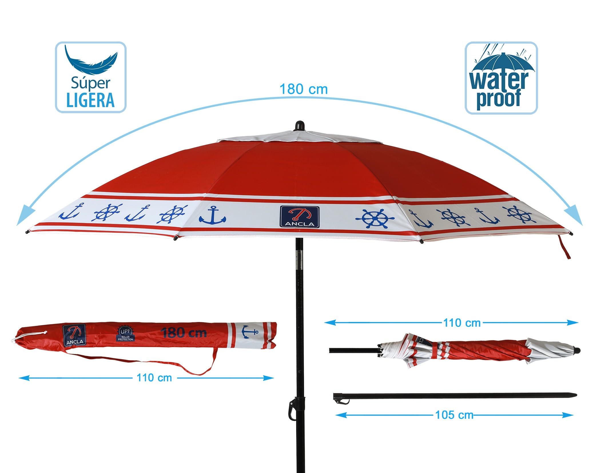 ATOSA atosa sombrilla de playa de aluminio modelo anclas y timón con upf 50+ rojo