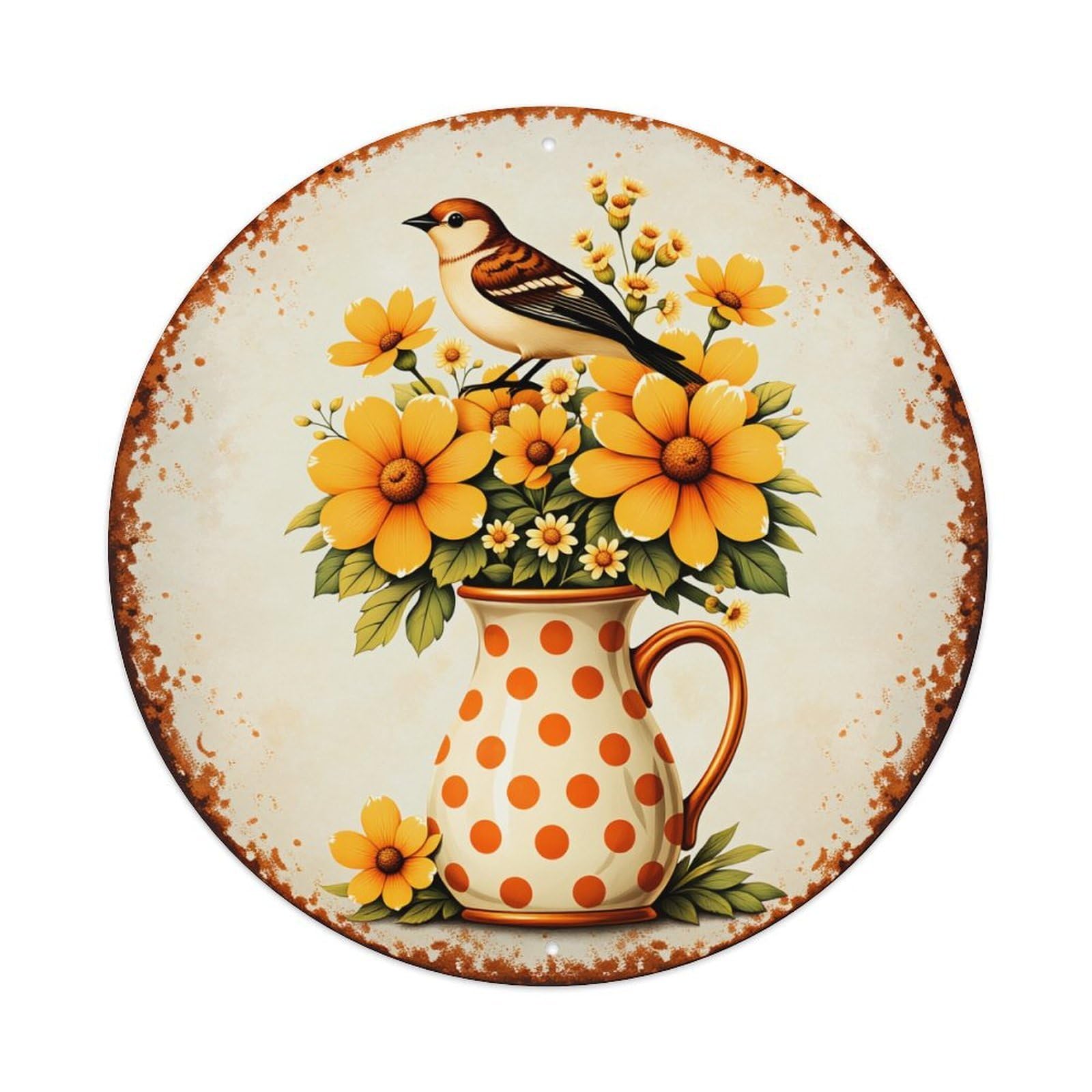 Bird Perched On Flowers In Polka Dot Jug Metal Tin Sign Plaque