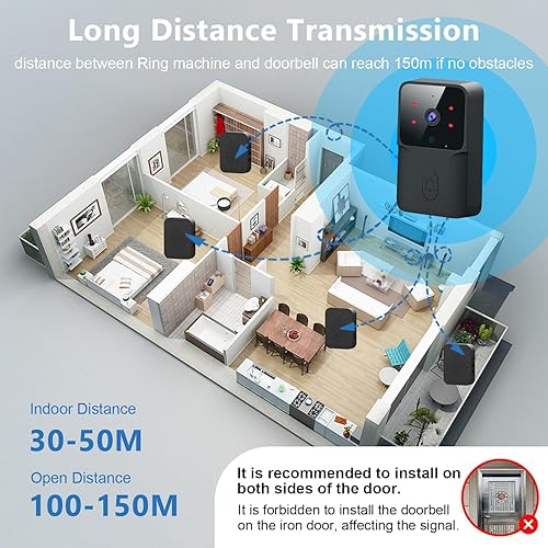 Miniatura 5 de Timbre inteligente inalámbrico remoto video timbre con timbre, visión nocturna por infrarrojos, audio de 2 vías, intercomunicador casero HD gran