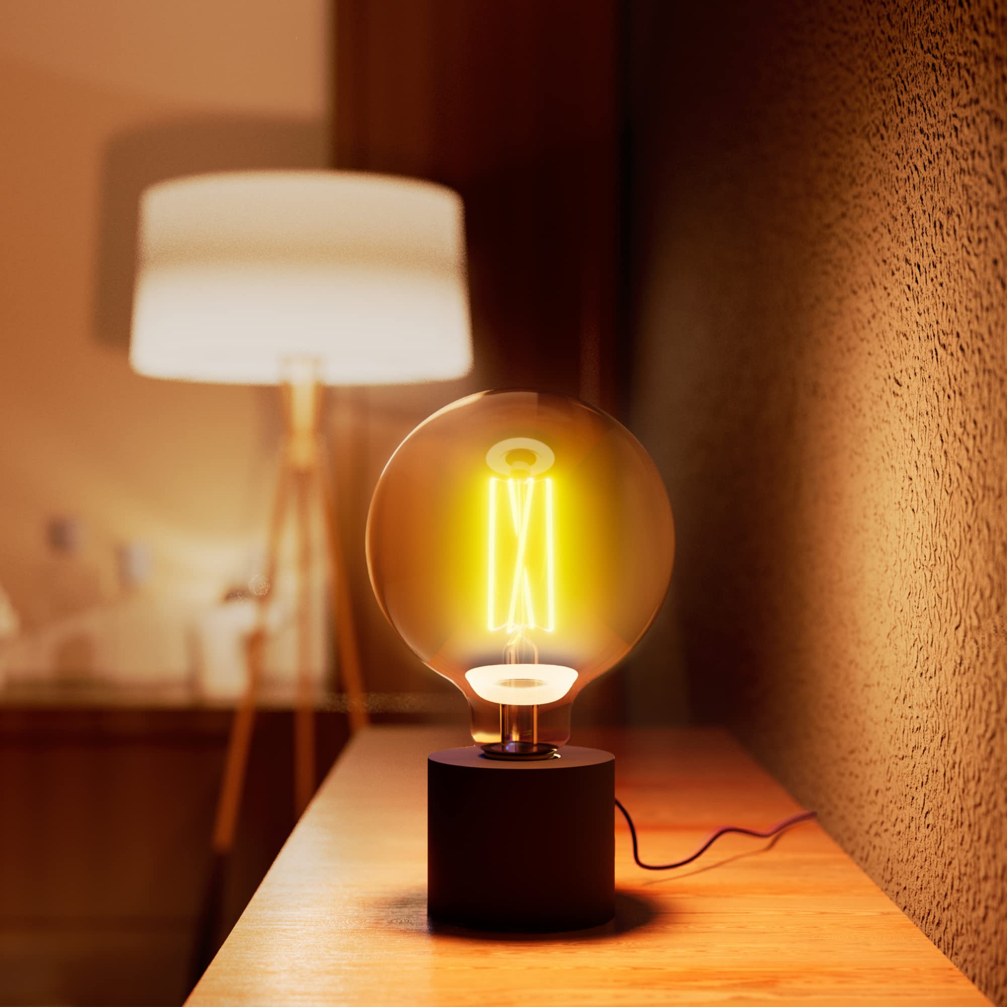 SSC-LUXon NAMBI Tischlampe Vintage schwarz inkl. Smart WiFi E27 LED Globe Birne - Tischleuchte mit Kabel und Schalter Steuerung per App & Sprache