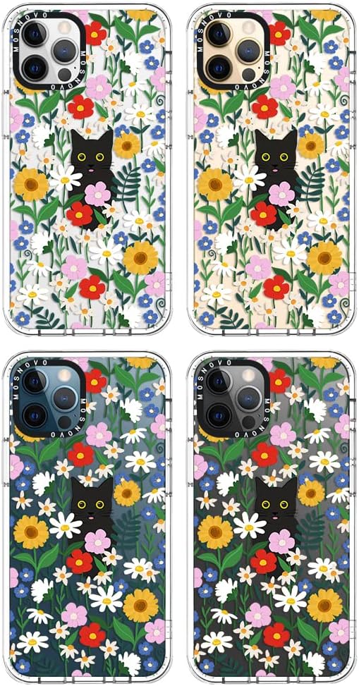 MOSNOVO Compatible with iPhone 12 Pro Max Case, [Buffertech 6.6 ft Drop Impact] [Anti Peel Off Tech] Clear TPU Bumper Phone Case Cover Cute Black Cat in Garden Designed for iPhone 12 Pro Max 6.7"