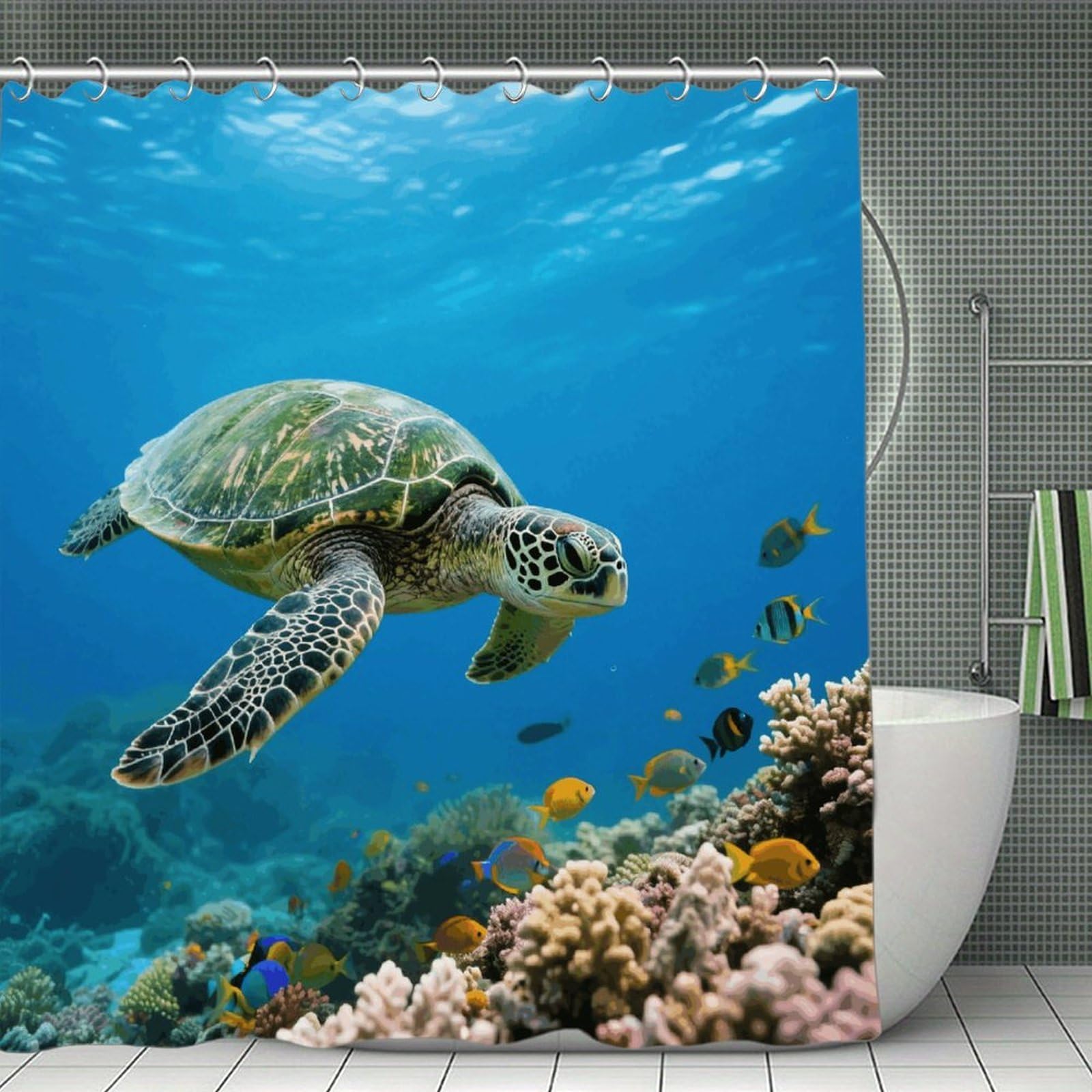 VstaDank Green Sea Turtle Shower Curtain Waterproof Bathroom Curtain with Hooks Luxury Weighted Bath Curtains for Bathtubs Showers Room Dividers Decorative Shower Curtains 71x71 in
