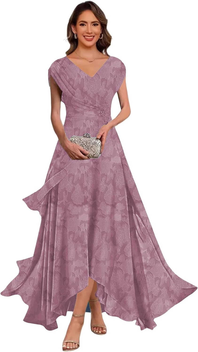 Tea Length Mother of The Bride Dress for Women Cap Sleeves Chiffon V-Neck Pleated Wedding Guest Dresses