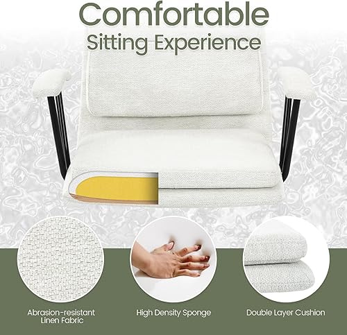 Miniatura 3 de 422 - Silla de oficina de lino moderna con reposabrazos acolchados extraíbles, cojín doble de alta calidad, mecedora de 135, respaldo medio, silla