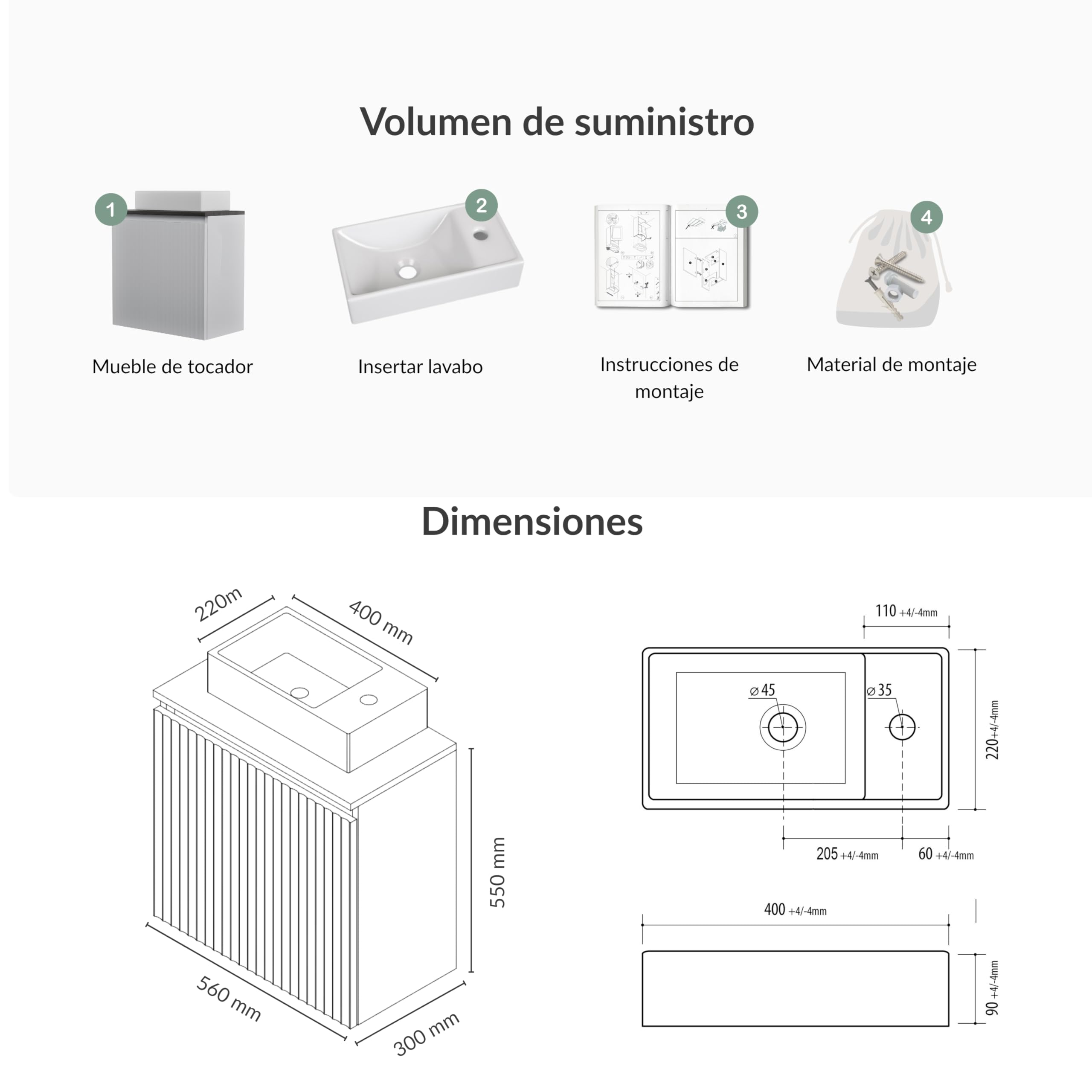 Planetmöbel Conjunto de Muebles de baño Lavabo con Mueble bajo 56 x 55 x 30 cm Blanco, Mueble bajo con Lavabo para baño, Aseo de Invitados y Cuarto