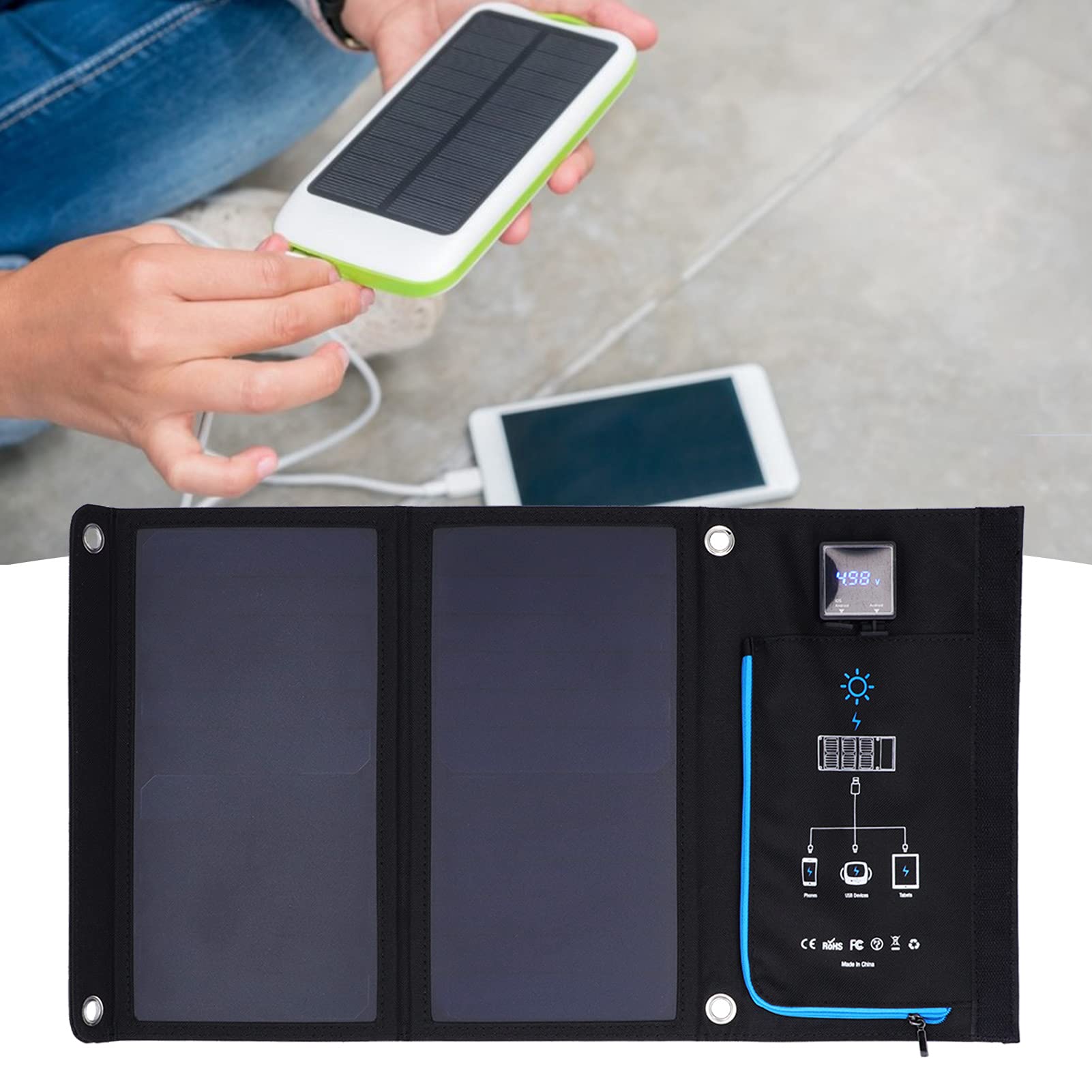 Sac de Chargeur Solaire extérieur Portable Pliable avec Ports USB pour Smartphones, tablettes, étanche, Durable, léger pour Le Camping, la randonnée, Les Voyages, Tissu ABS,