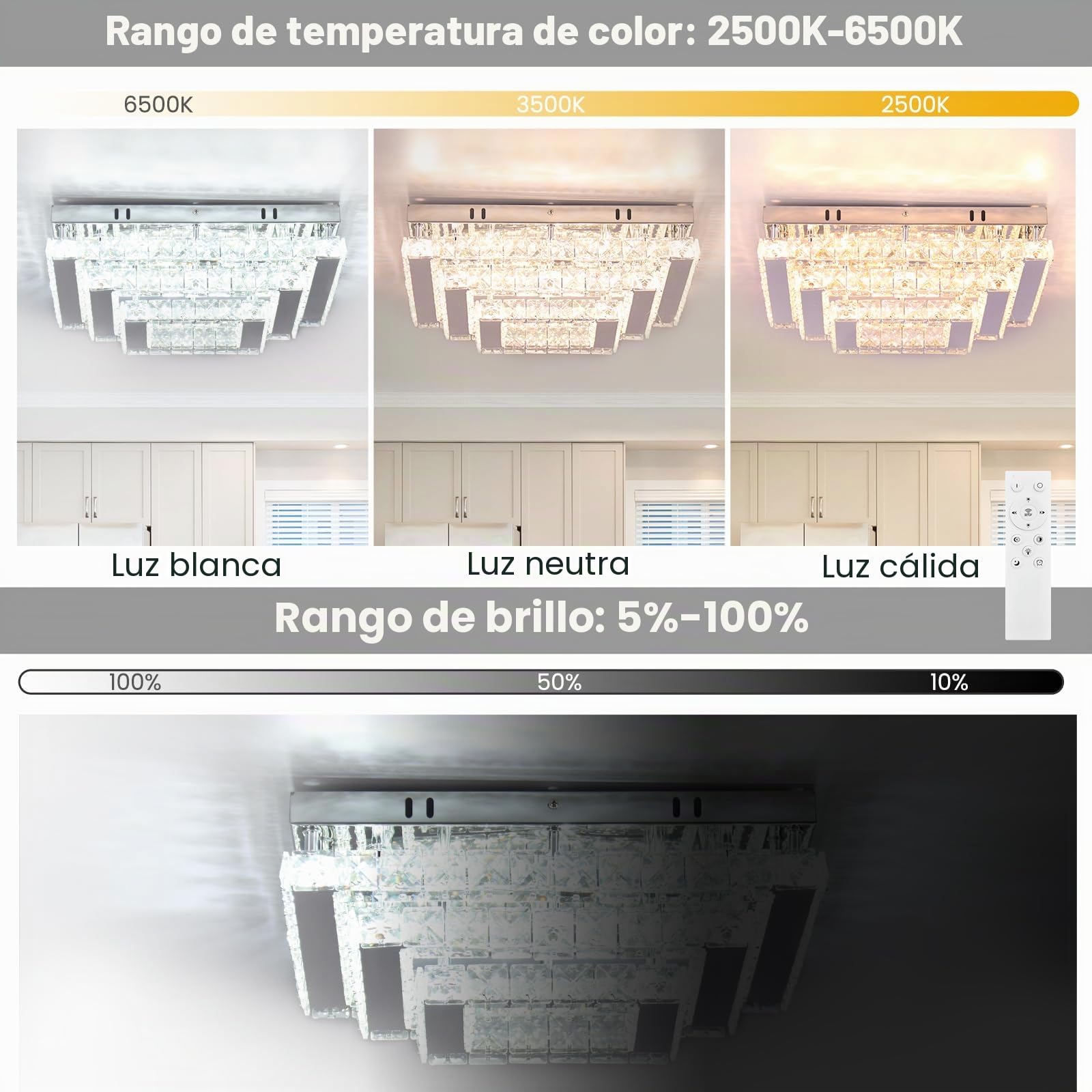Fintonglan Plafón LED de Cristal Cuadrado 38 cm Regulable, 3 Niveles Semiempotrado de Acero Inoxidable, Lámpara de Techo Moderna para Dormitorio, Salón y Comedor