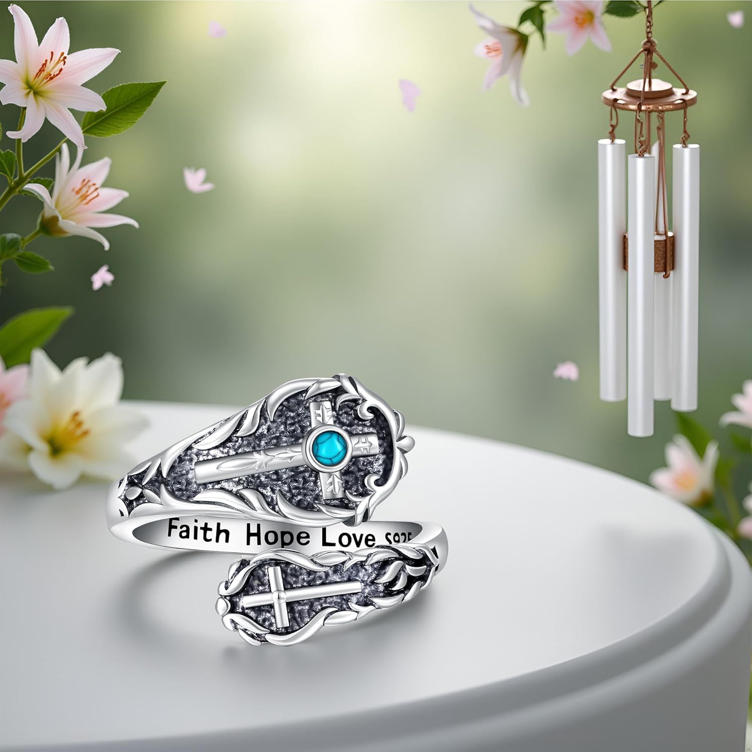 Cross Spoon Ring S925 Sterling Silver Cross Adjustable Vintage Turquoise Ring Faith Hope Love Thumb Ring Cross Jewelry Gifts for Women - Image 6