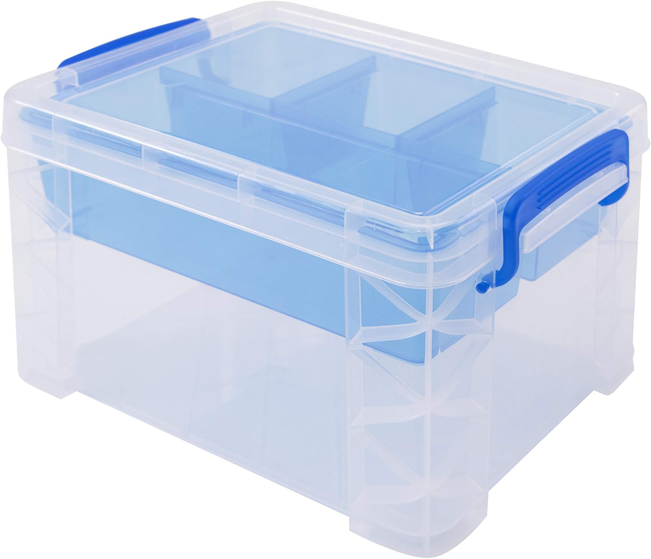 Advantus 37375 Divided Storage Box, Clear w/Blue Tray/Handles, 7 1/2 x 10.12x6.5