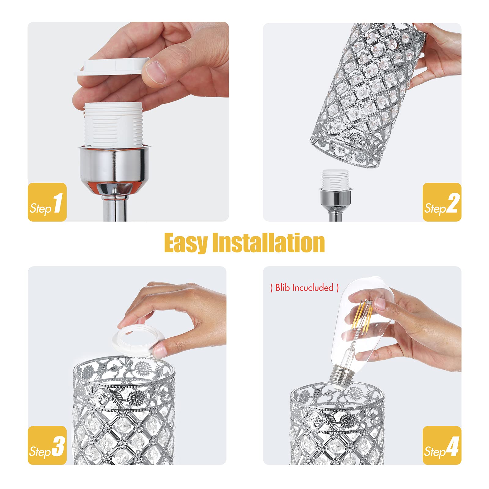 Nachttischlampe Dimmbar 12W 950LM, 2er-Pack Tischlampe Kristall mit Touch-Steuerung, zwei USB-Anschlüssen, 2 Glühbirnen (E27-Sockel), EU-Ladegerät, für Wohnzimmer, Schlafzimmer, Esszimmer – 30CM