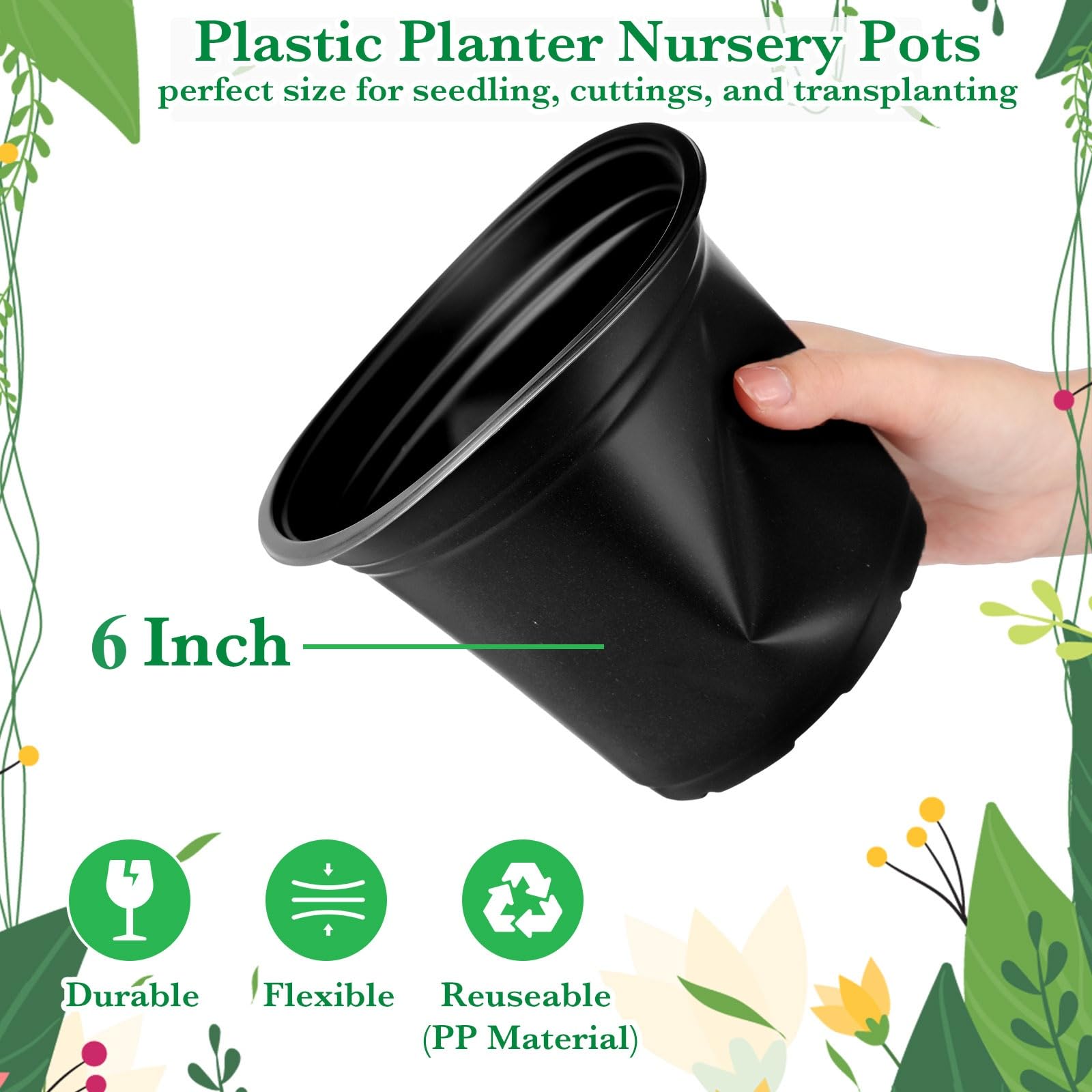 Hushee Lot de 1 500 pots de semis en plastique de 15,2 cm avec trous de drainage – Jardinières pour le démarrage des semis, la transplantation de fleurs d'intérieur et d'extérieur (noir)
