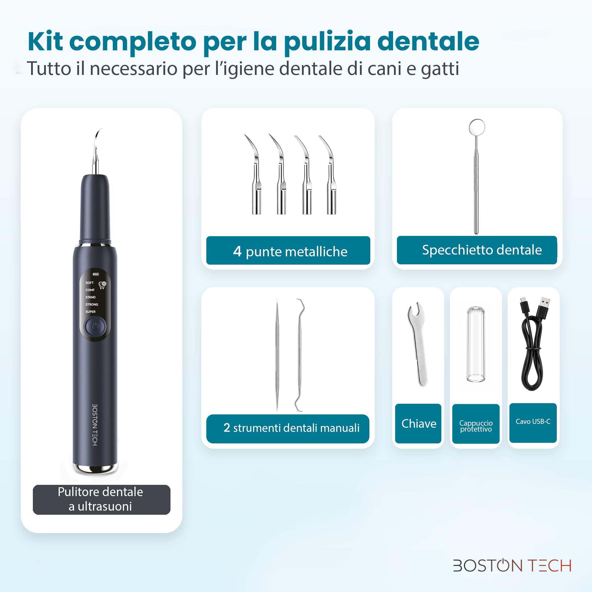 Boston Tech DENTRA Ablatore Tartaro Ultrasuoni, Pulitore Denti Elettrico per Rimuovere Placca e Tartaro, Kit Pulizia Denti con 5 modalità, Ricarica Type-C e Spegnimento Automatico 10 Minuti