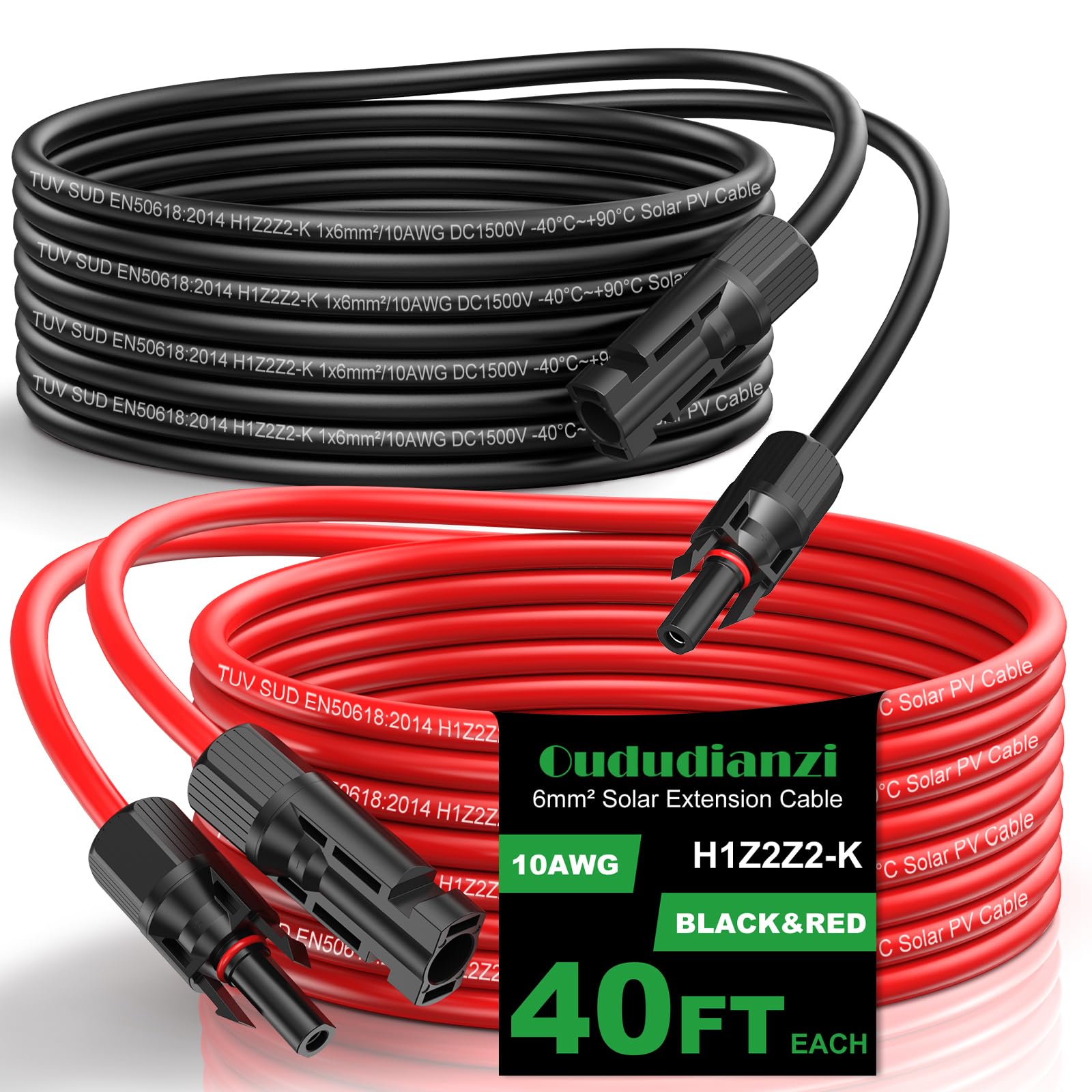 Oududianzi Solar Extension Cable 40Ft, Solar Wire 10AWG, Tinned Copper PV Cable 10Gauge, Solar Panel Wires and Connectors for Home RV Boat Outdoor