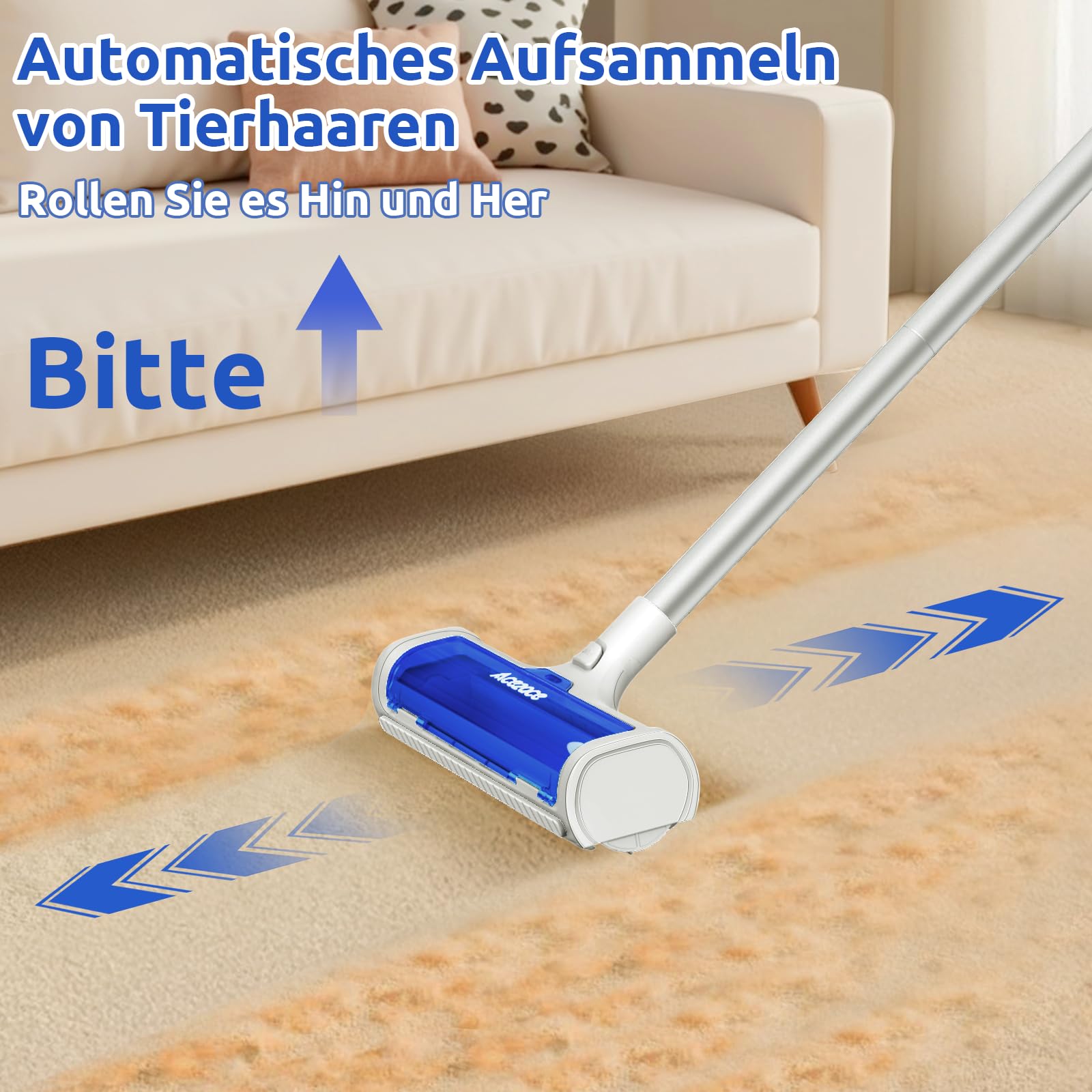 ACE2ACE Teppichrolle für Tierhaare, Teppichbürste Tierhaare, Tierhaarentferner Teppich für Hundehaare and Katzenhaare, kein Bücken, kein Knien, 1,5 m Langer Griff, Blau