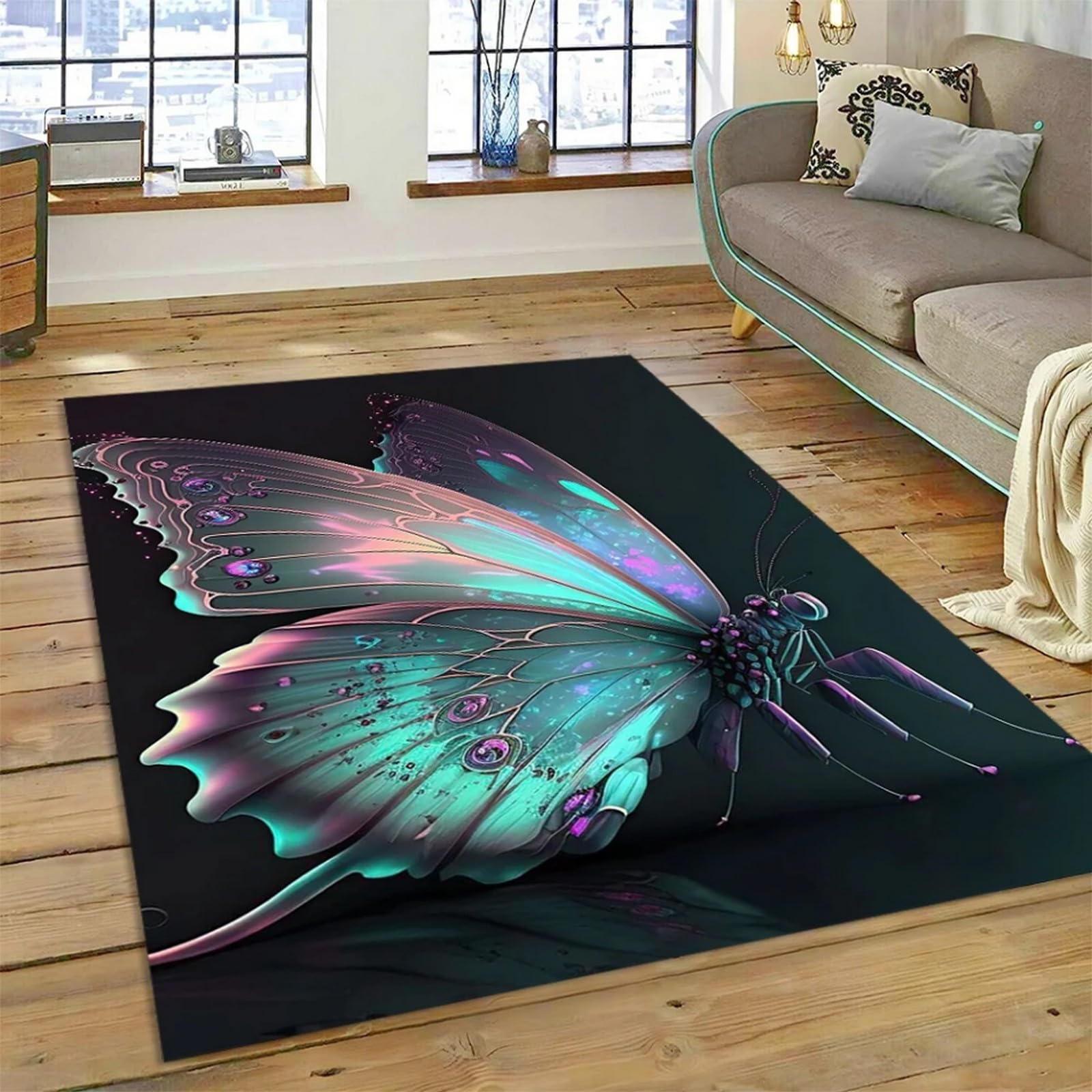 Tapis de salon imprimé papillon floral 60x120 cm coloré et antidérapant