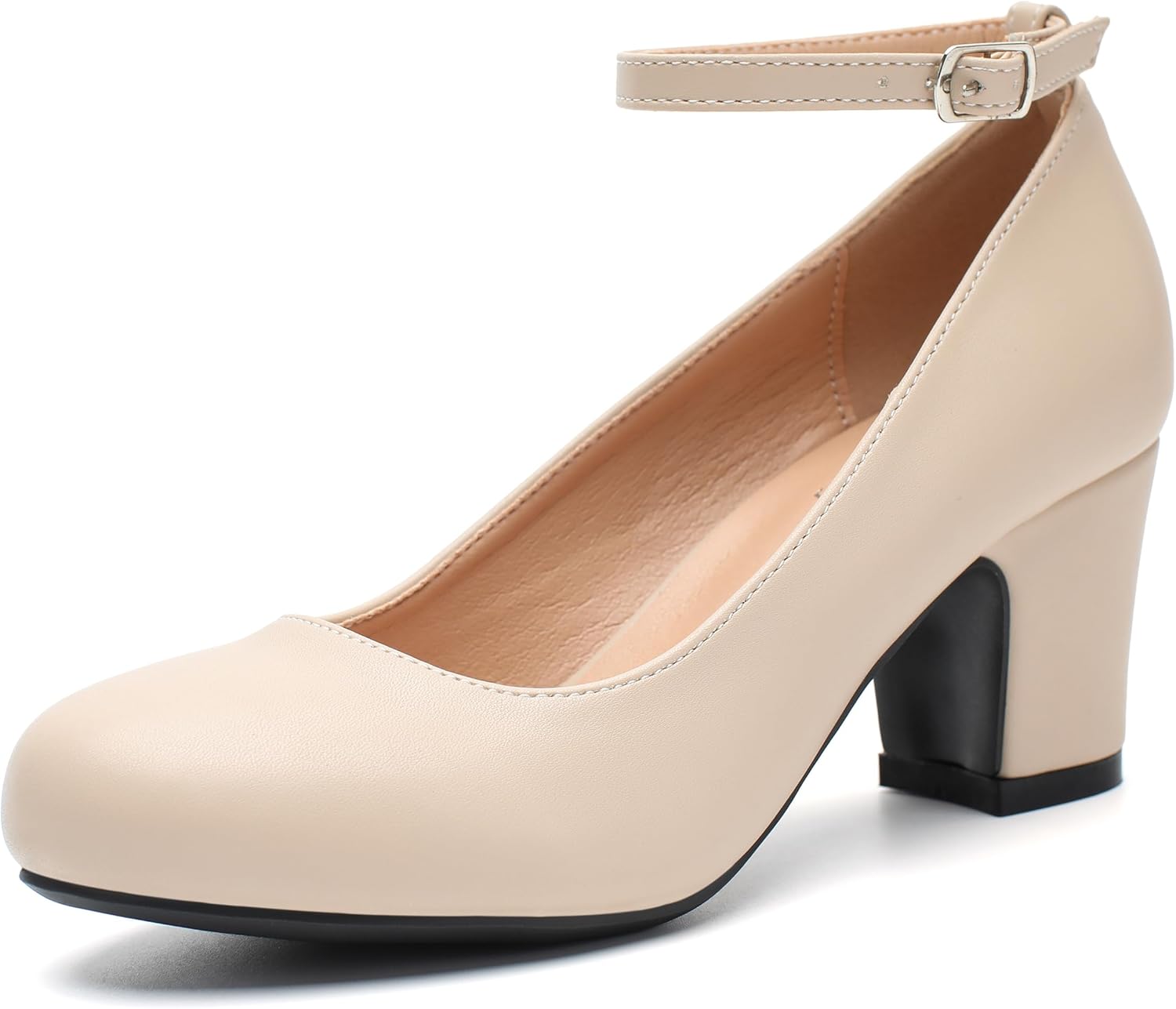 Women's Ankle Strap Low Block Chunky Heels Pumps Closed Round Toe Dress Wedding Office Work Church Shoes
