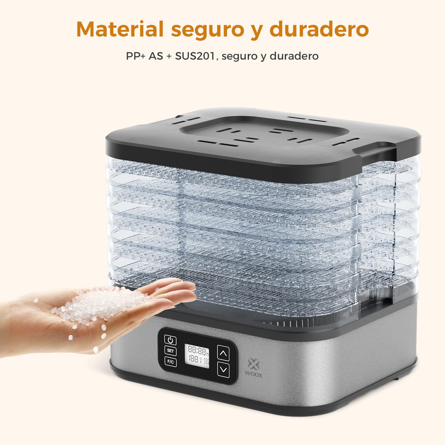 WOOX Deshidratador de Alimentos 240W, Deshidratador con 5 Bandejas Altura Regulable, Pantalla LED, Temporizador 99H y Temperatura Ajustable, Deshidratadora de Frutas y Verduras, Sin BPA