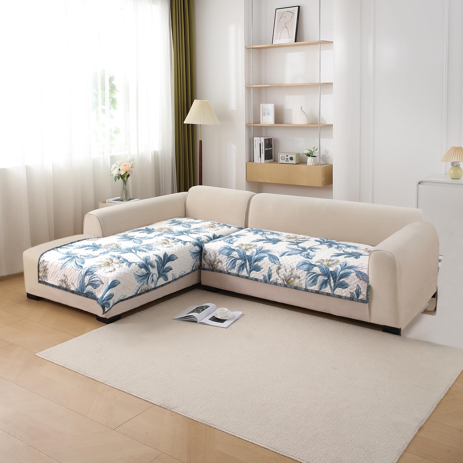 HOKIPO 'HomeHues Series' Printed Quilted L Shape (2+2 Seater) Sofa Cover Seat Mat, Celadon Blue Camellia (IN-807-D8 + IN-808-D8)
