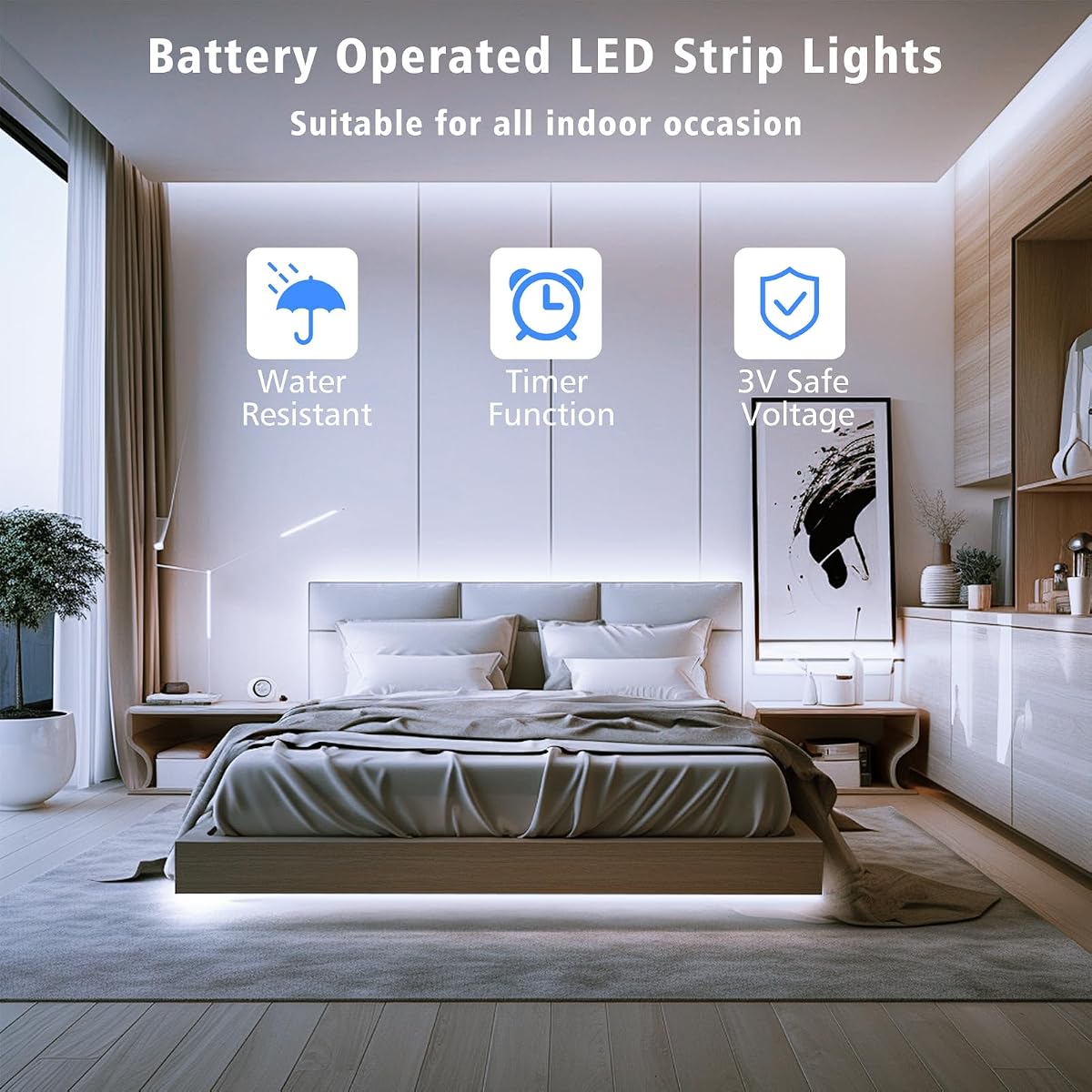 SMART DIRECT LED Strip Lights, 9.8ft, 90 LEDs, Battery Operated, Cool White,