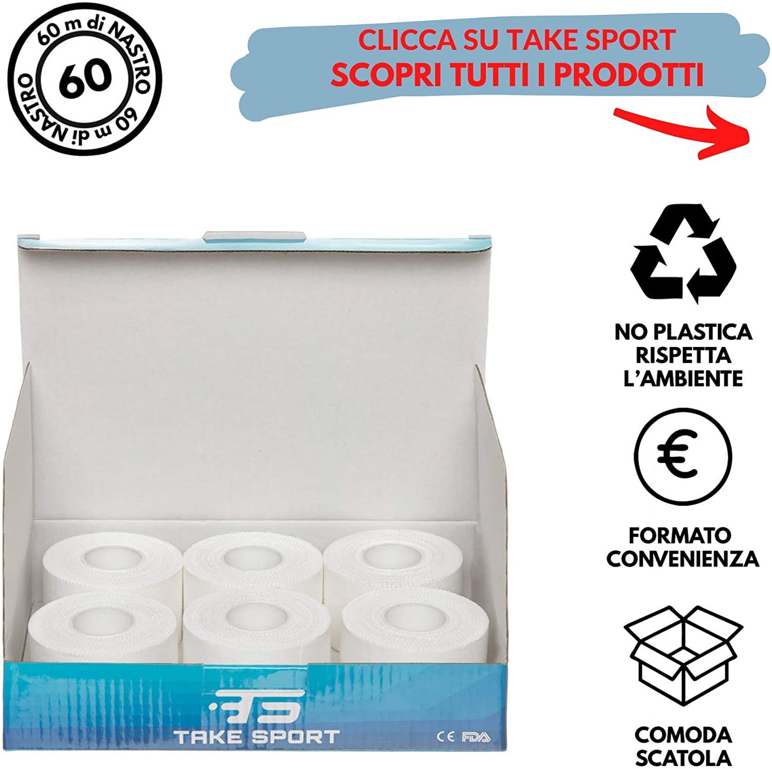 TS TAKE SPORT - Tape sportivo, Nastro fasciature, Nastro Sportivo, Sport Tape, Tape dita crossfit, Nastro bendaggi sportivi 6 pz 3,8cmx10m, Non elastico Bianco cotone (Bianco cotone)