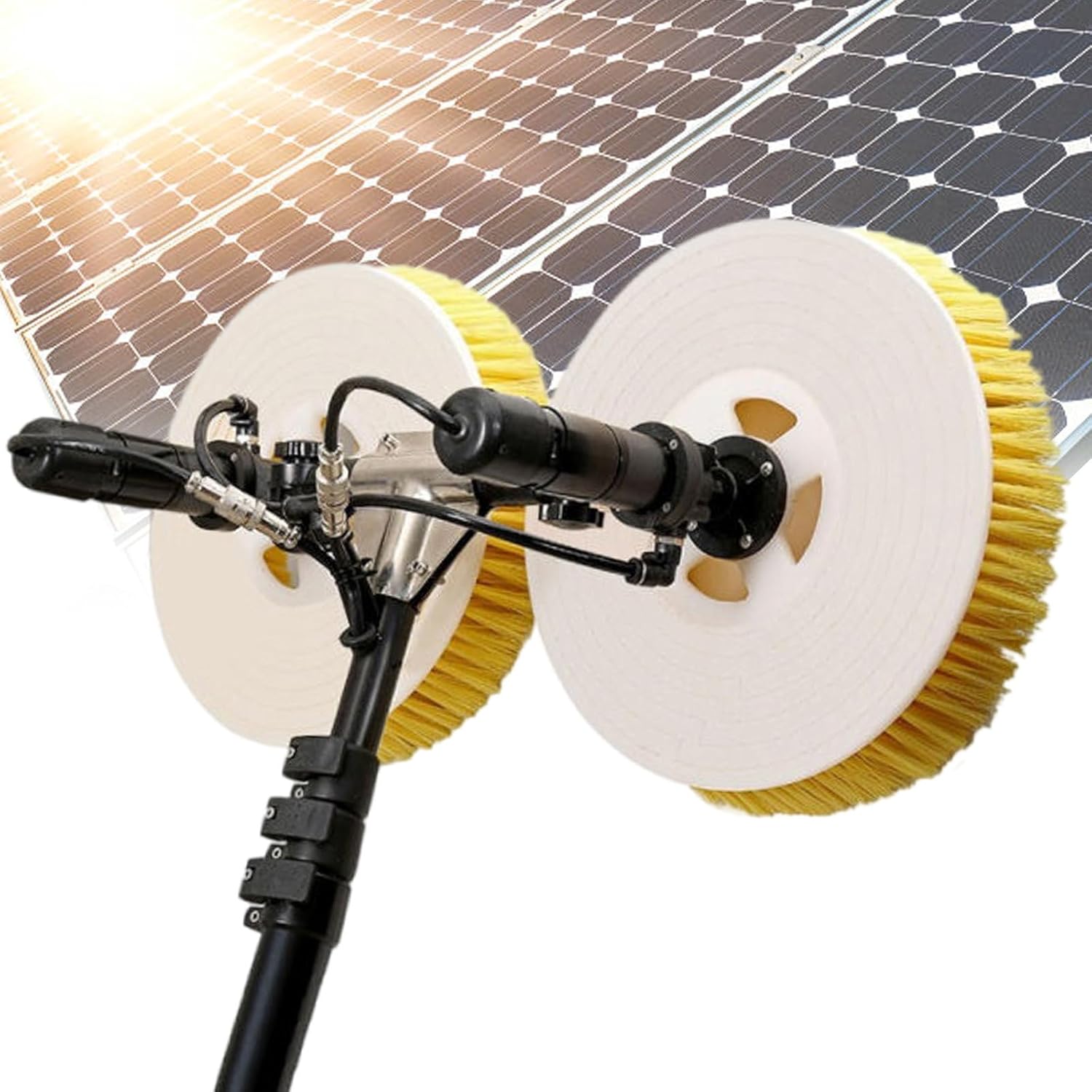 Dual Head Electric Rotating Brush,3 Holes Water Supply Cleaner,24.6 ft Hand-held Solar Panel Glass Cleaning Brush,Commercial Water Fed Pole Kit,Supply