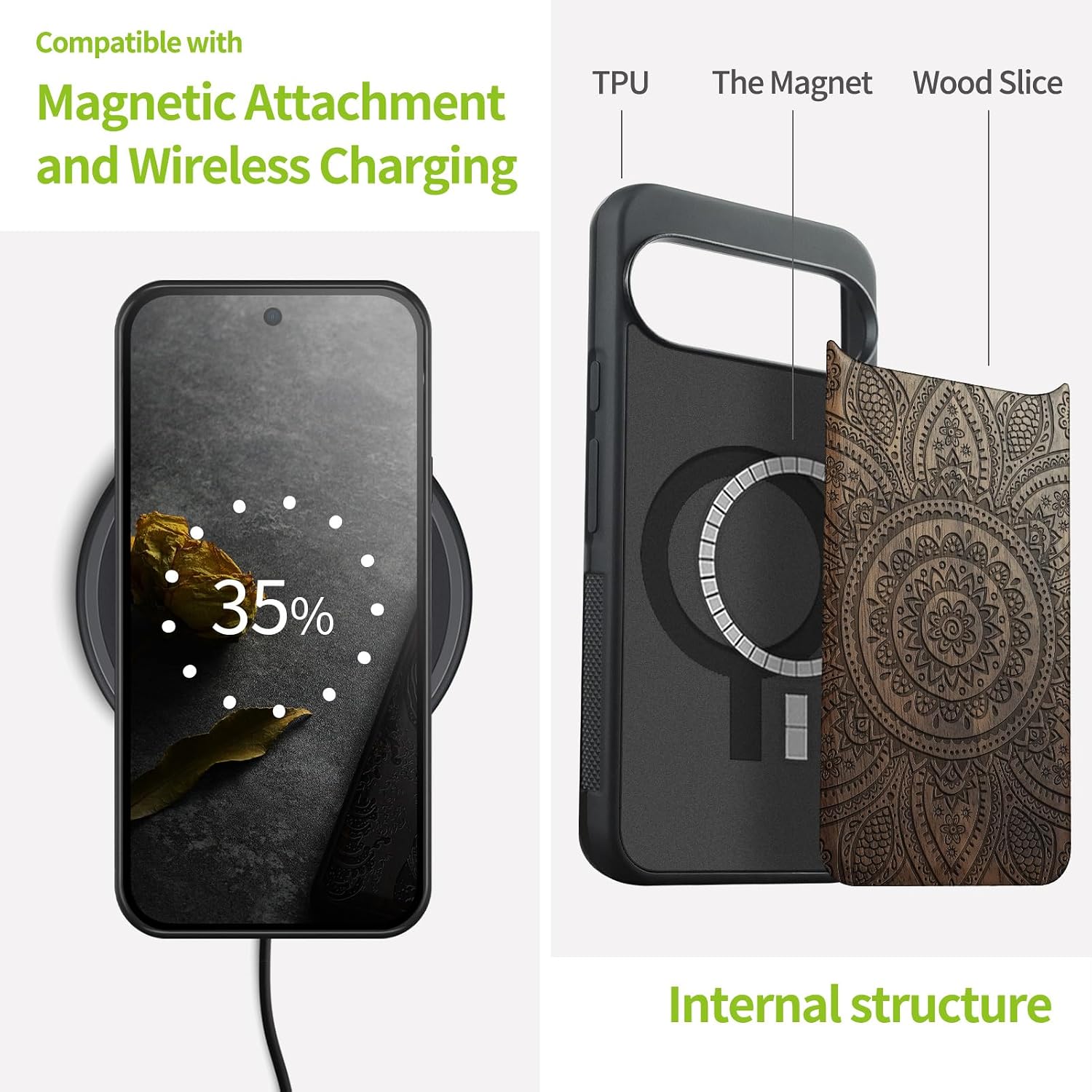 Carveit Magnetic Wooden Case for Google Pixel 10 / Pixel 10 Pro Case, Wood Artisan Engraved & Soft TPU Shockproof Cover, Compatible with MagSafe Wireless Chargers (The Indian Floral Mandala) Walnut