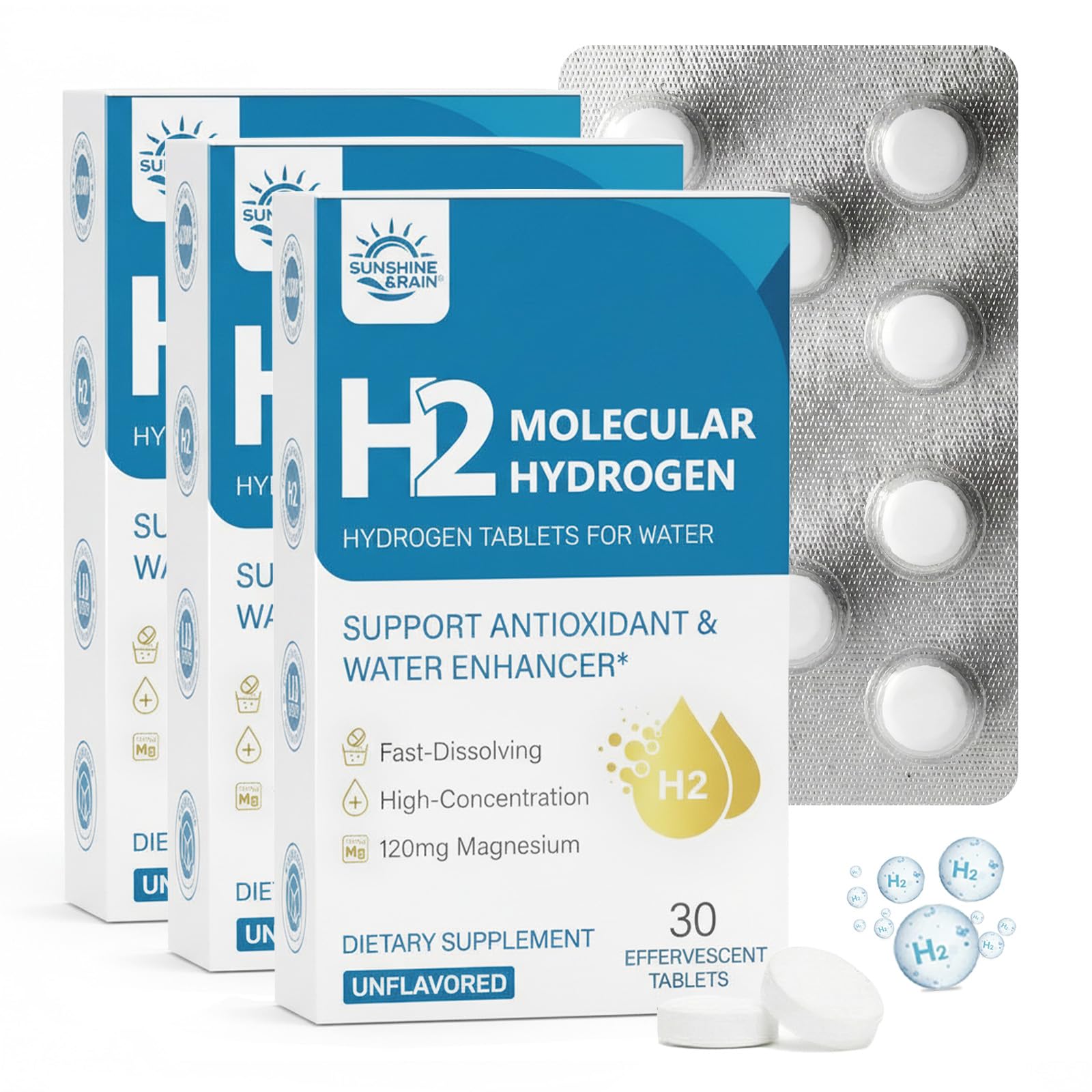 Hydrogen Tablets, Molecular Hydrogen H2 Tablets, 16 PPM Hydrogen Water Unflavored 30 Count (Pack of 3)