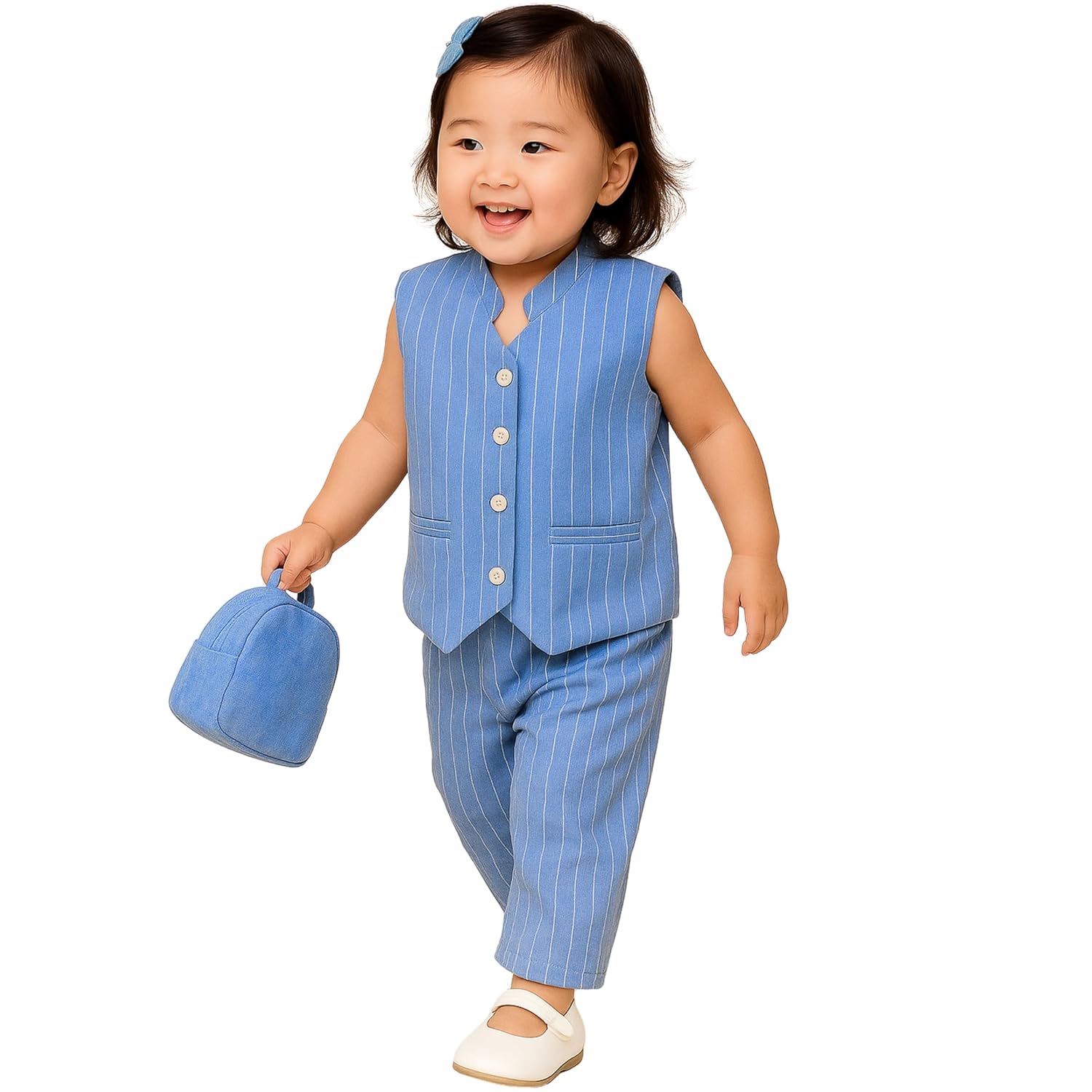 TotzTouch Baby Girls Blue Pinstripe Co-ord Set with Waistcoat & Pant Set Age 0 Months to 5 Years TotzTouch Baby Girls Blue Pinstripe Co-ord Set with Waistcoat & Pant Set Age 0 Months to 5 Years