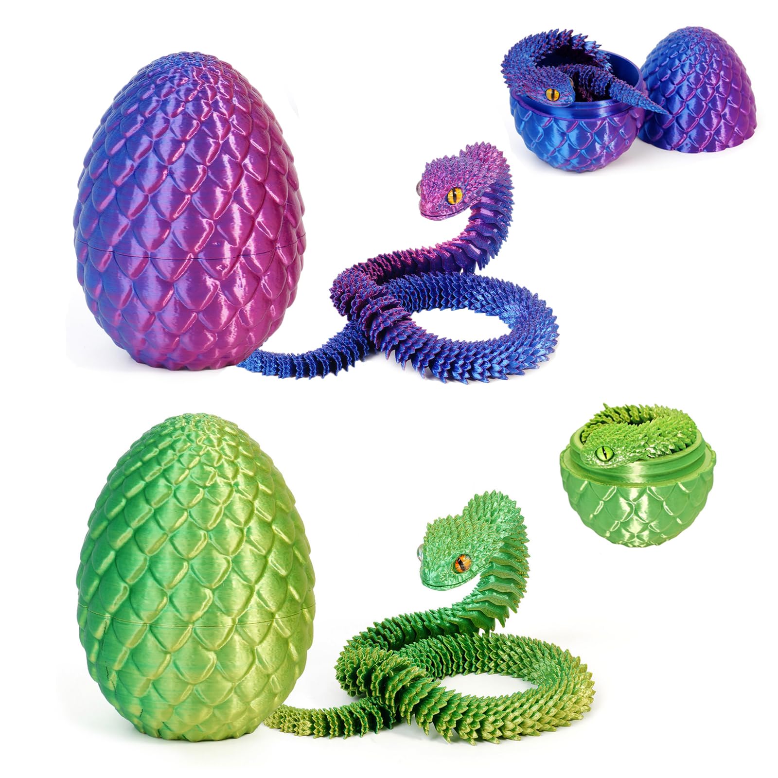 3D Printed Snake in Egg Small – Flexible Articulated Snake Fidget Toys for Home and Office Executive Desks Décor (Purple & Green)