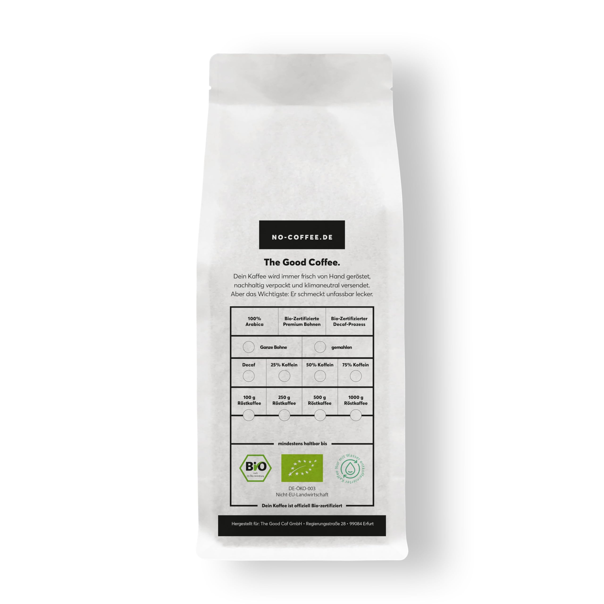 No Coffee® – Premium Decaf Coffee Bio (ganze Bohnen ohne Koffein, 500g) | Mit Wasser entkoffeinierte Kaffeebohnen | Koffeinfreier Kaffee schmeckt wie dein Lieblingskaffee | Kaffeebohnen koffeinfrei