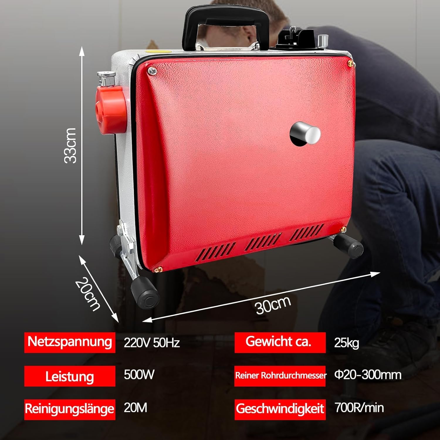 500W Elektrische Rohrreinigungsmaschine – Rohrreiniger mit 20m Spiralschlauch für Ø20-300mm Rohre, Effizient für Abflüsse in Bad und Küche, Design für Zuhause