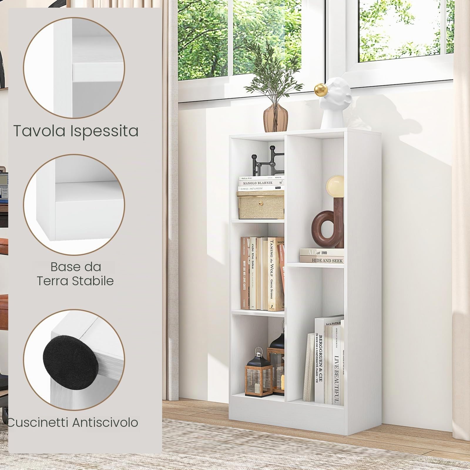 KOMFOTTEU Libreria aperta con 5 armadietti di 2 diverse dimensioni, scaffale per libri aperto, mobile in legno, gambe antiscivolo, 50 x 24 x 104 cm (bianco)