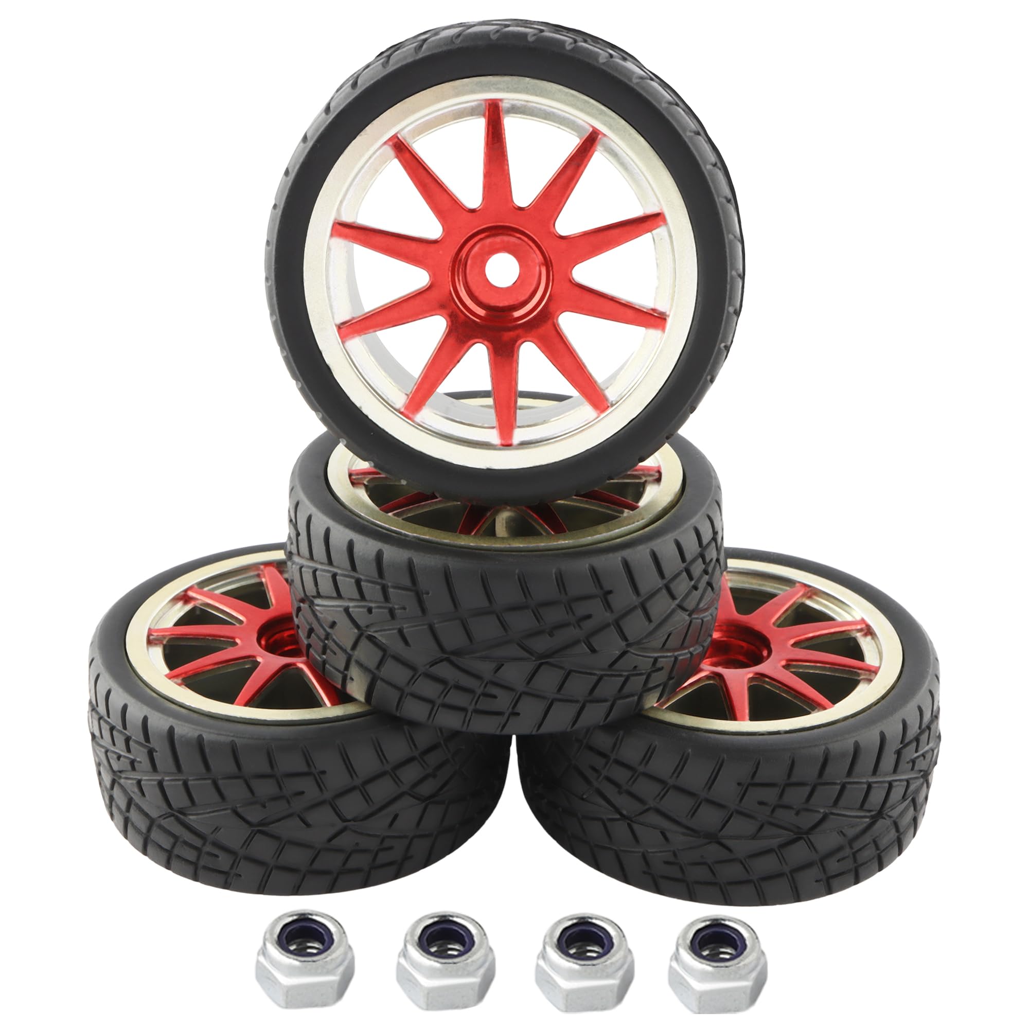 4PCS 12mm Hex Hub RC Cars Wheels and Tires,62mm On Road Touring Rubber Racing Rally Tires Set for 1:10 1:16 1:18 XV01 TT01 TT02B HSP 94122 94123 94103 3850 3851 FW06 16889 RC Cars (Red)