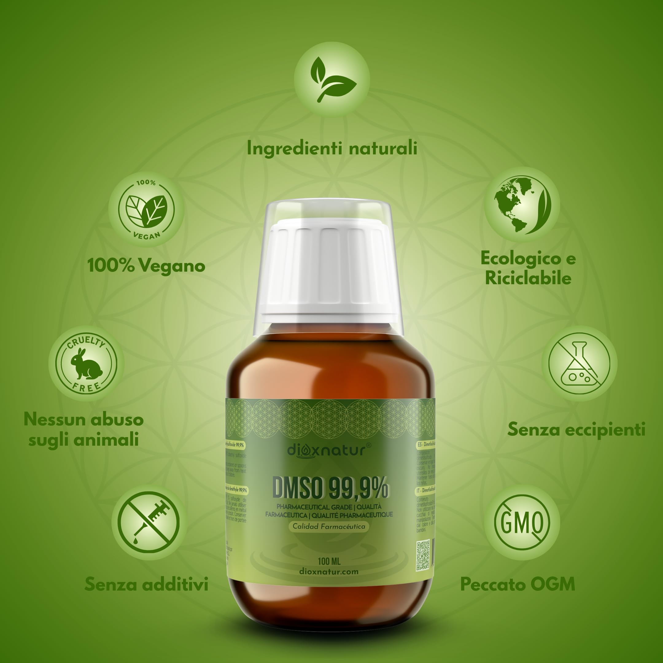 DMSO 99.9% 100ml Dimetilsolfossido grado farmaceutico flacone vetro ambrato misurino