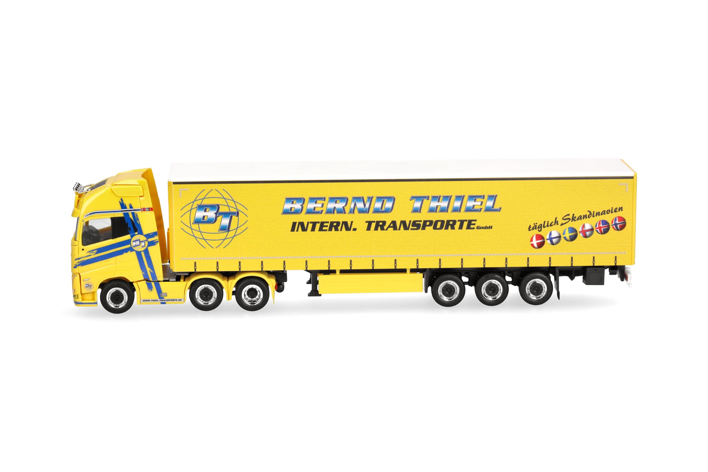 Herpa model ciężarówki Volvo FH GL XL 2020 6x2 naczepa plandekowa „Bernd Thiel Transporte”, miniatura w skali 1:87, model kolekcjonerski, Made in Germany, tworzywo sztuczne
