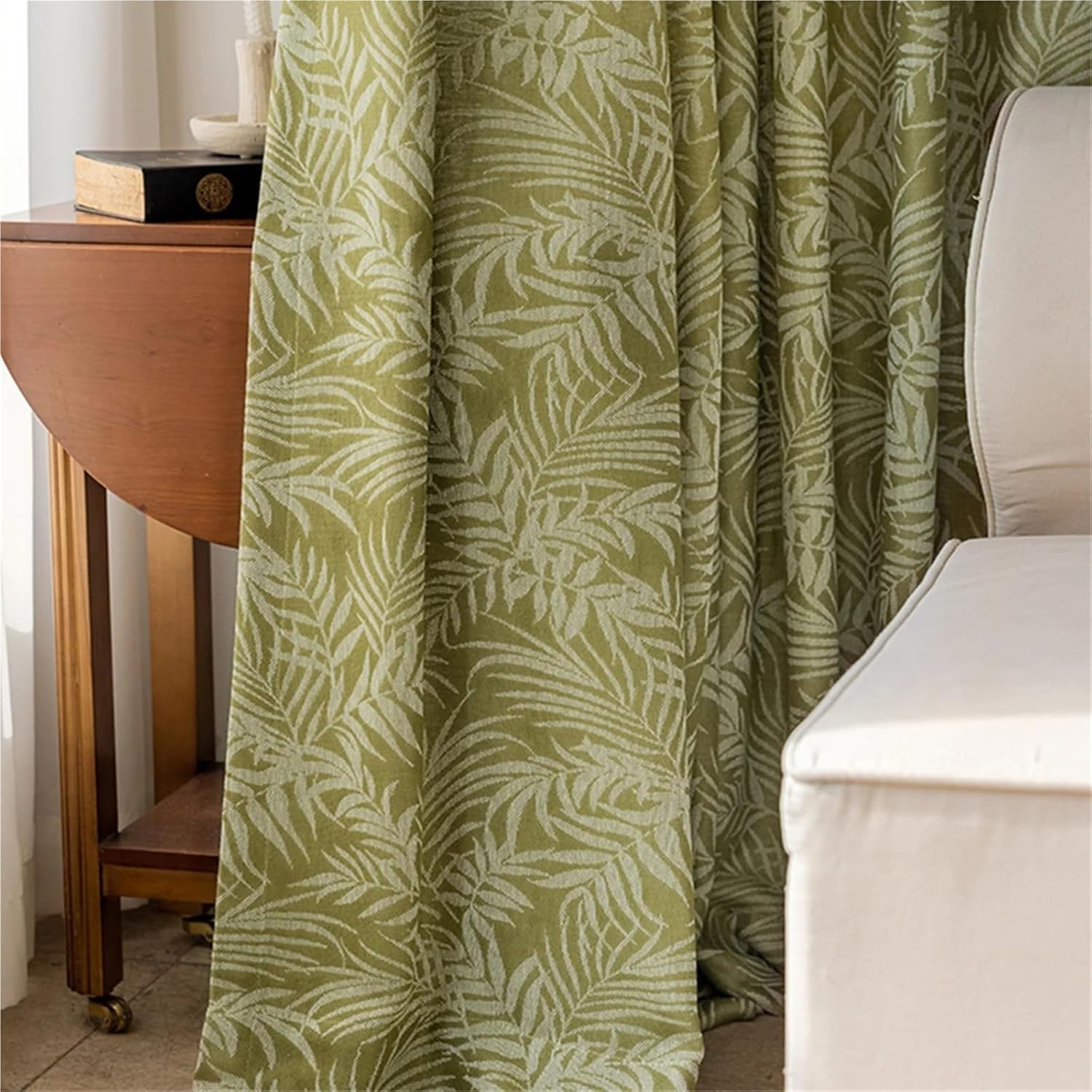 Solid Blackout Curtains for Bedroom 2 Pieces of Curtains Leaf Print Sheer for Living Room, Minimalist Style Drapes(W132xH183cm)