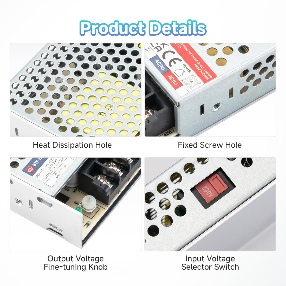 BTF-LIGHTING Zasilacz sieciowy 150 W, 5 V, certyfikat CE, aluminiowy sterownik LED AC 100-240 V do DC 5 V, transformator do taśm LED, drukarki 3D, kamery CCTV, systemu bezpieczeństwa, radia, projektu