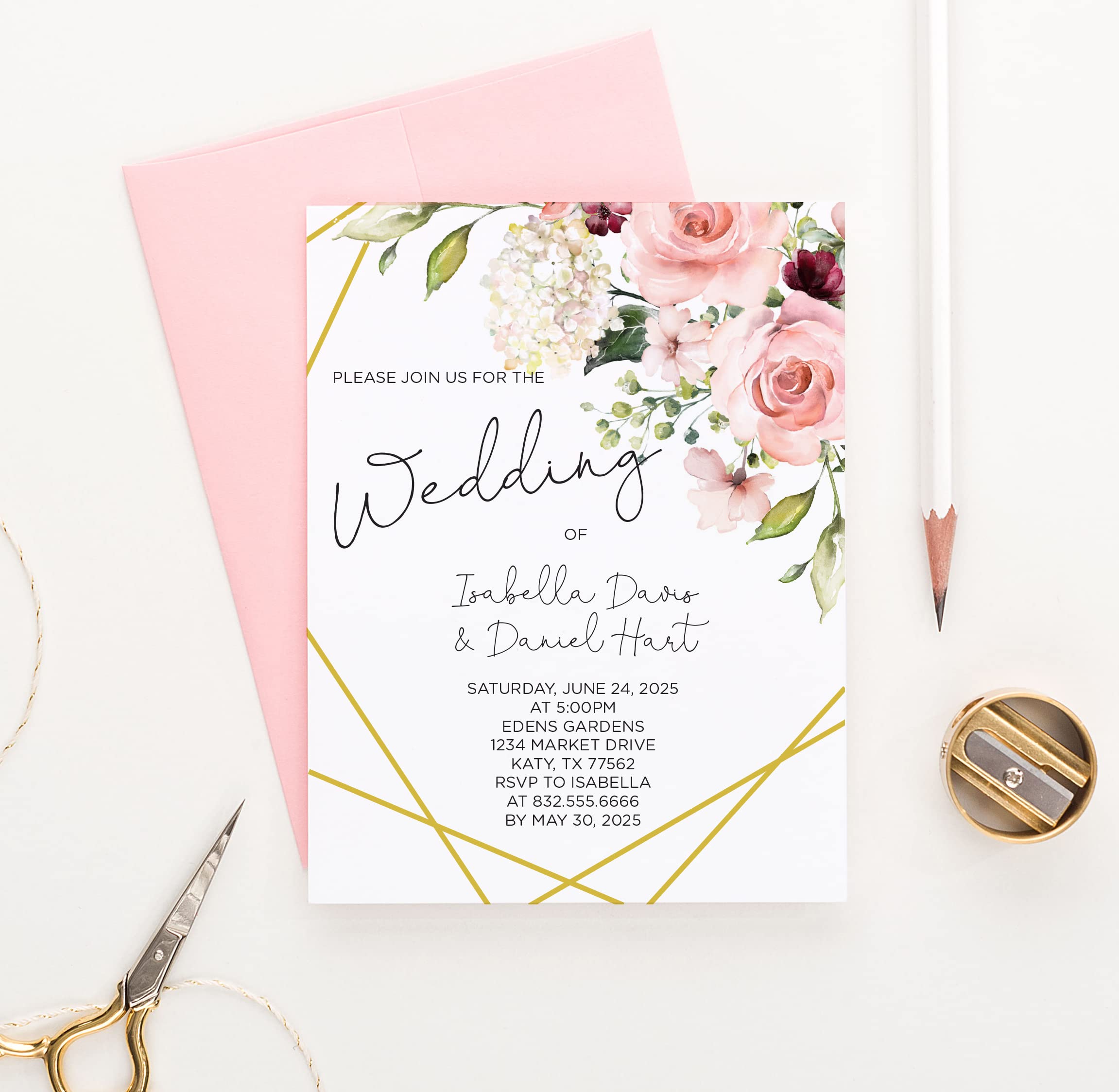 Personalized Floral Wedding Invites, Elegant Wedding Invitations with Florals, Modern Wedding Invitation with Envelopes, Pink Floral Marriage Invite, Your choice of Quantity and Envelope Color