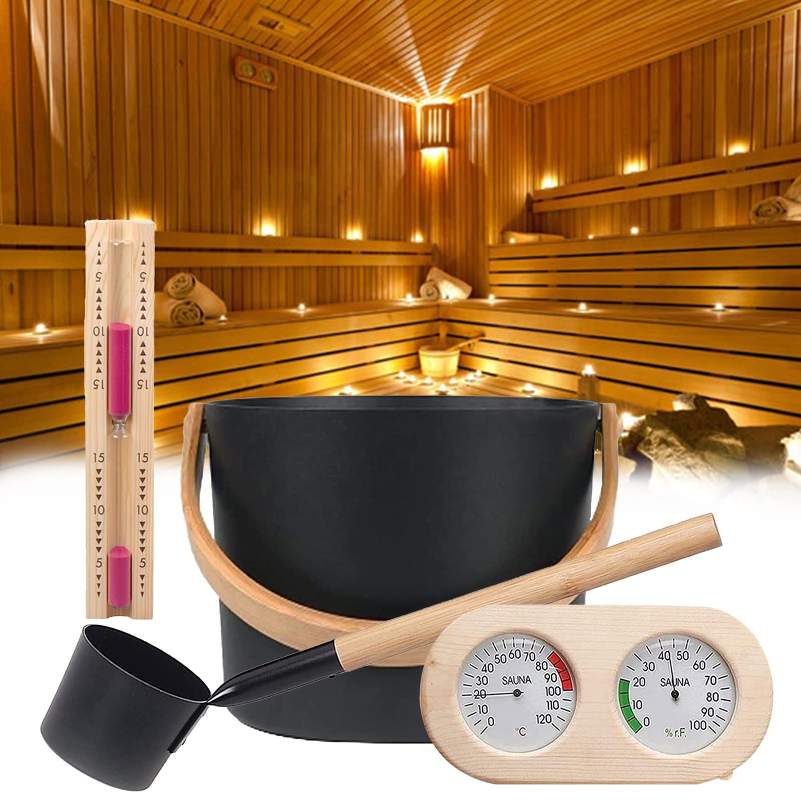 4PCS 7L Seau Pour Sauna, Set Complet Pour Sauna Seau Avec Louche En Bois Pin Finlandais Haute Qualité Accessoires Pour Sauna Seau Pour Infusion (Seau Pour Sauna+Louche+Thermomètre Hygromètre+Sablier)