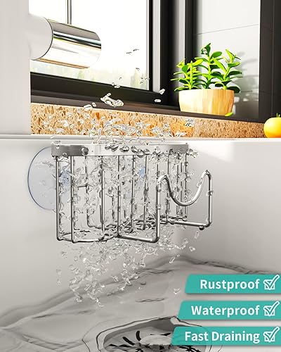 Miniatura 4 de HapiRm Soporte de esponja para fregadero de cocina con forma de M única, dos métodos de instalación, soporte de esponja con soporte para cepillo,