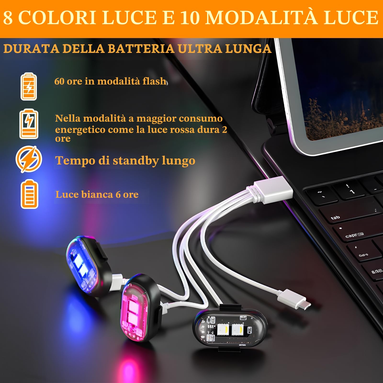 8 Pezzi Luci a LED Senza Fili, Luci Led Moto 8 Colori con Telecomando, Ricarica USB, Impermeabile IP65