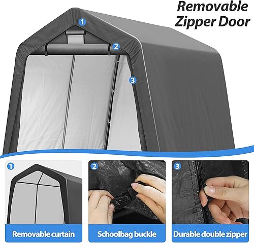 Miniatura 6 de Cobertizo de almacenamiento exterior de 8 x 8 pies, garaje portátil con puerta enrollable con cremallera y ventana de ventilación, tienda de campaña