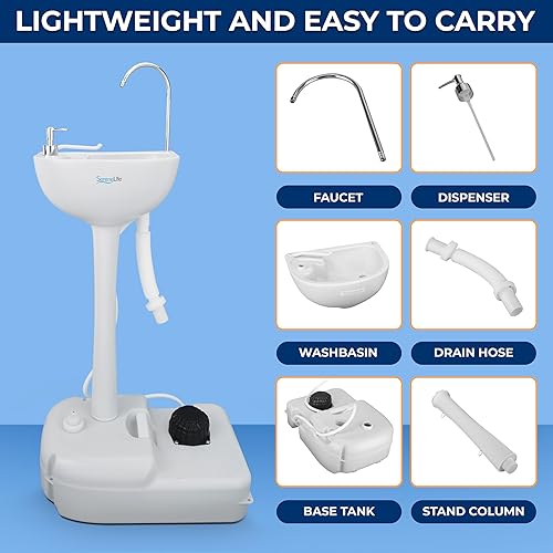 Miniatura 8 de SereneLife Fregadero portátil para acampar con tanque de agua de 19 litros (5 galones), bomba de pie manos libres, dispensador de jabón y soporte
