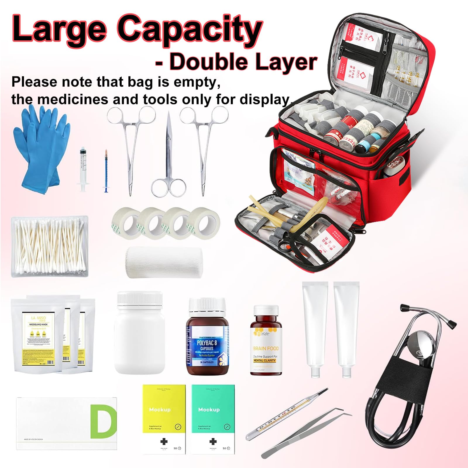 Trousse de Secours Vide, Trousse Infirmiere Pharmacie Voyage, Sac de Rangement de Médecine Portable avec Bandoulière, Double Couche, pour Maison Bureau voiture Camping et Randonnée