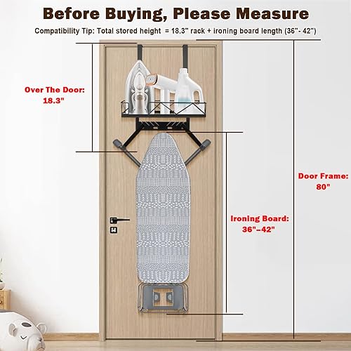Miniatura 3 de Soporte de metal para tabla de planchar sobre la puerta o la pared, estante de almacenamiento para tabla de planchar con ganchos ajustables para