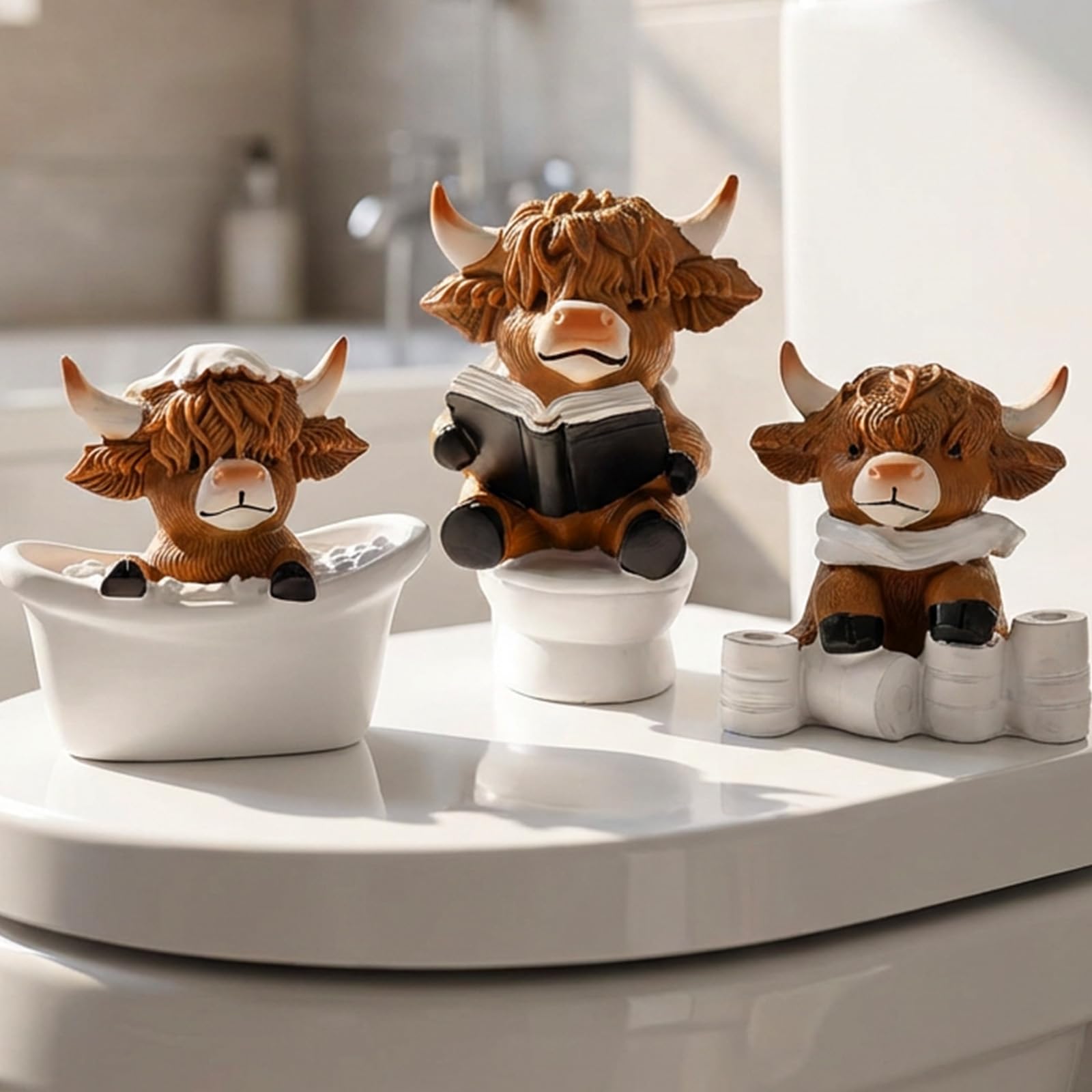WAMEITF 3 Pcs Highland Cow Bathroom Accessories, Cute Resin Hilarious highland Cow Ornaments, Bathroom Decorations for Farmhouse, Rustic Or Country Home