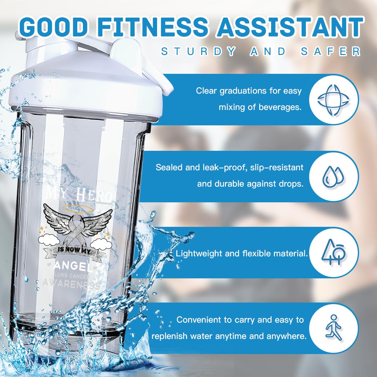 My Hero Is Now My Angel Lung Cancer Awareness 18 Ounce Shaker Bottle Drink Mixer Leak-proof Pre Workout Protein Shakes Meal Replacement Shakes Bottles 500ML/18 Oz White