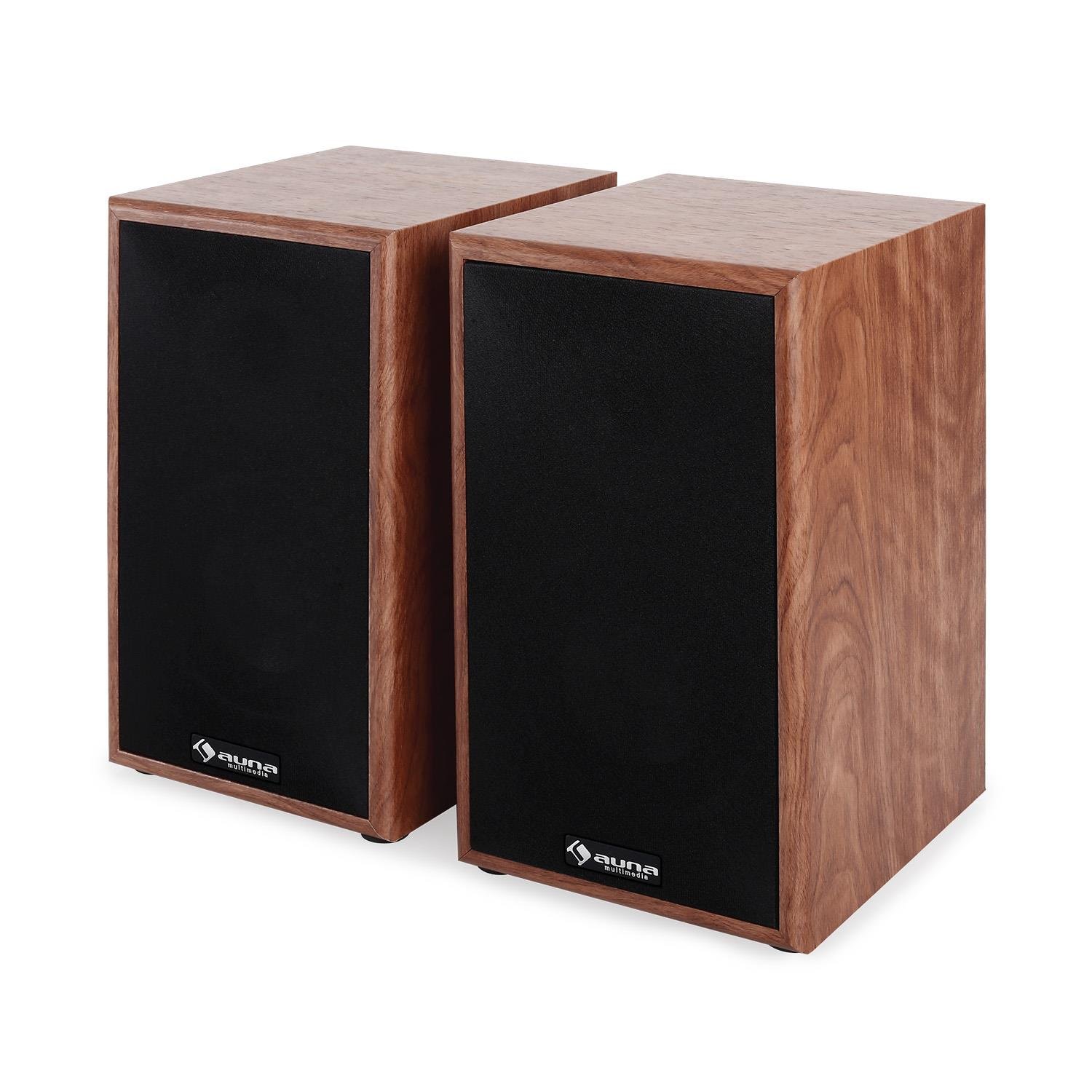 auna - Linie 300 SF-WN, Regallautsprecher, Lautsprecher-Boxen, HiFi-Boxen, Lautsprecher-Paar, 2-Wege-System, 13cm (5") Tieftöner, 76 Watt max, 8 Ohm, passiv, walnuss