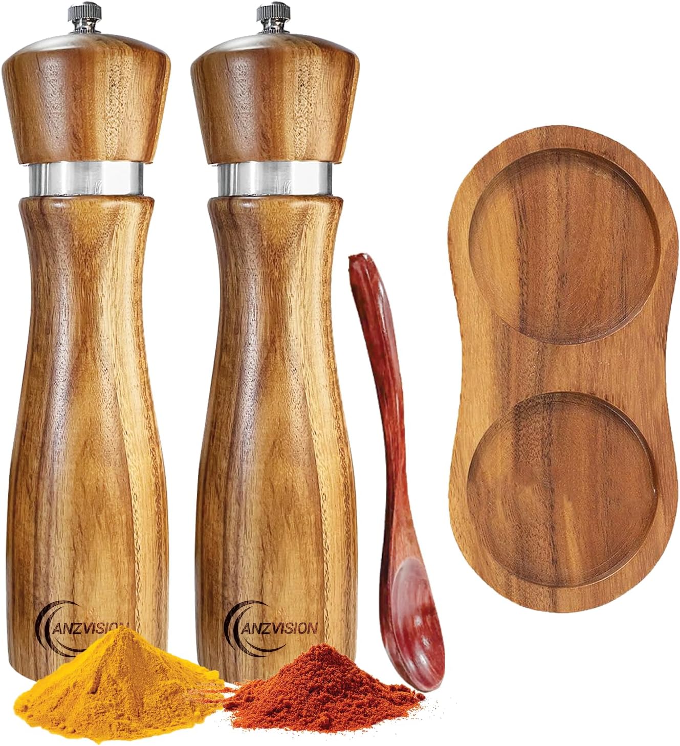 Wooden Salt and Pepper Grinder Set 2 Pack – Adjustable Coarseness, Acacia Wood Mills with Ceramic Core, Includes Matching Tray and Spoon, 8 Inch Refillable Shakers for Kitchen and Dining