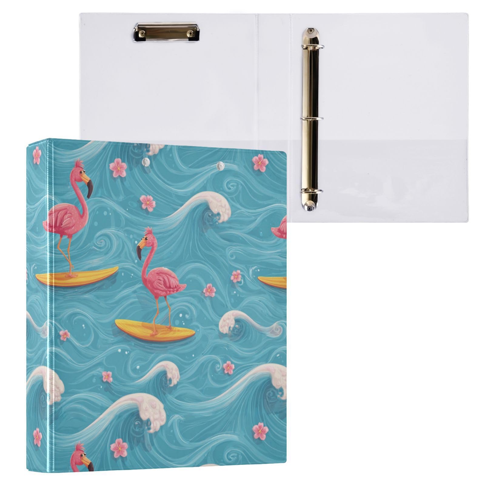 Kcldeci Raccoglitore a 3 anelli con copertina rigida per carta formato lettera, motivo fumetto surfing fenicottero 1 anelli rotondi da 3,8 cm, organizer per scuola/ufficio, confezione da 2